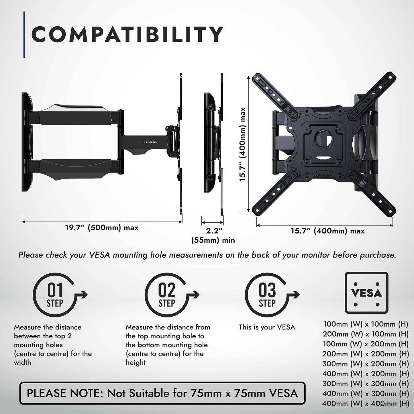 Invision TV Wall Bracket Mount for 24-60 Inch Screens, VESA 100x100mm up to 400x400mm, Tilts Swivels & Extends for Flat & Curved TVs, Includes Spirit Level, Weight Capacity 36.2kg (HDTV-E)