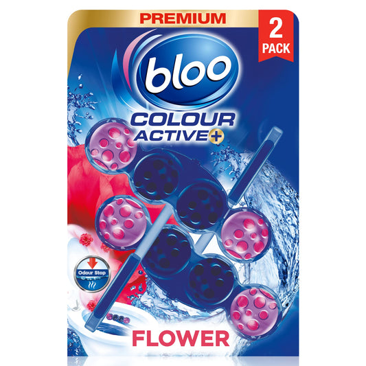 Bloo Colour Active Toilet Rim Block Fresh Flowers with Anti-Limescale, Cleaning Foam, Dirt Protection and Extra Freshness - 2 x 50g 50 g (Pack of 2)