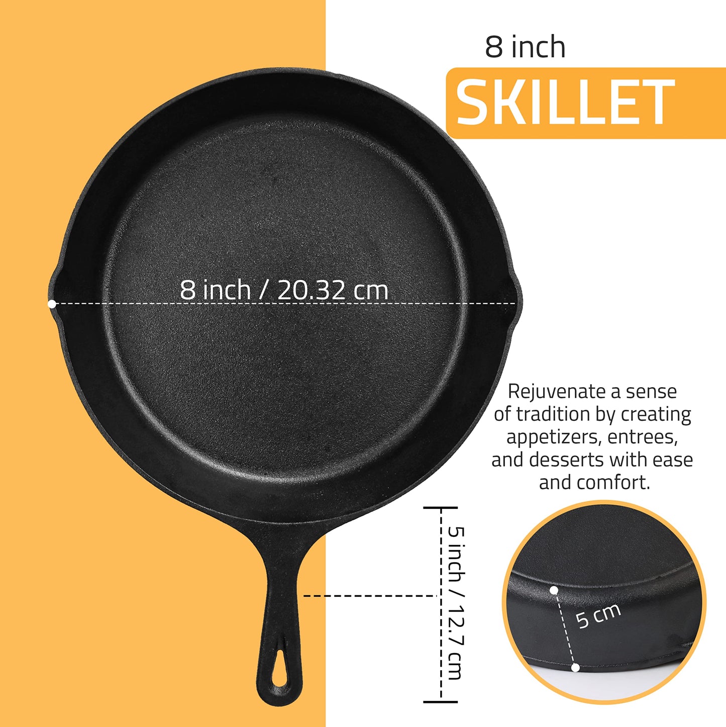 KICHLY Pre-Seasoned Cast Iron Skillet - Frying Pan - Safe Grill Cookware for Indoor & Outdoor Use - 8 Inch (20 cm) Cast Iron Pan 20 cm