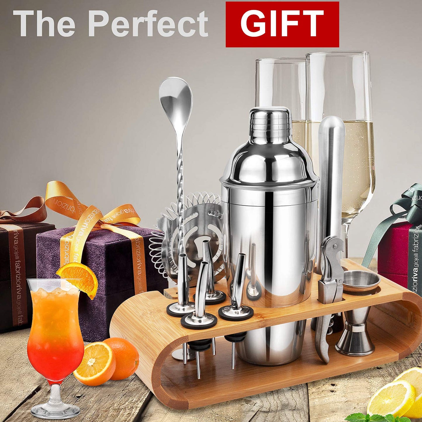 Cocktail Shaker Set,750 ML Stainless Steel Cocktail Mixing Set with Stand,Bartending Kit for Home,Bar,12 Pieces Bar Tool Kit for Christmas,Birthday,Anniversary,Weeding 12 Set