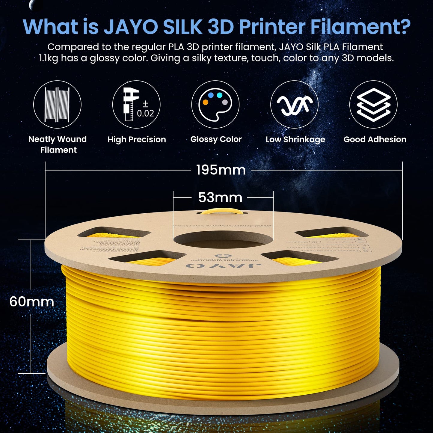 JAYO PLA Silk Filament 1.75mm, Shiny PLA 3D Printer Filament, 1.1kg Spool, Dimensional Accuracy +/- 0.02, Silk PLA Silver 1.1kg Silver