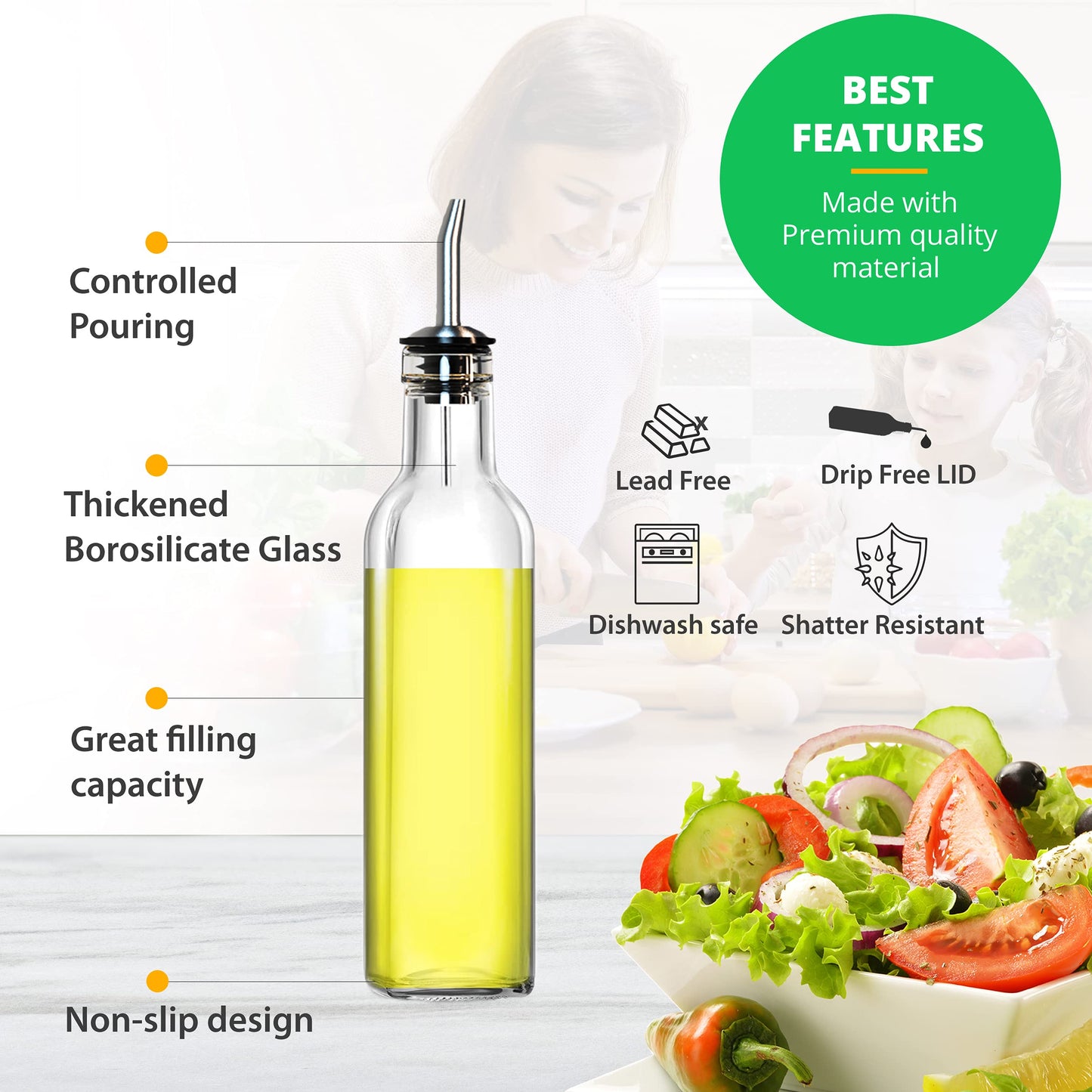 Glass Olive oil dispenser 500 ml, with 1 Funnel For Easy Refill, 2 Stainless Steel Pourer, Clear Borosilicate Oil Bottle for Kitchen, Cooking Oil Container