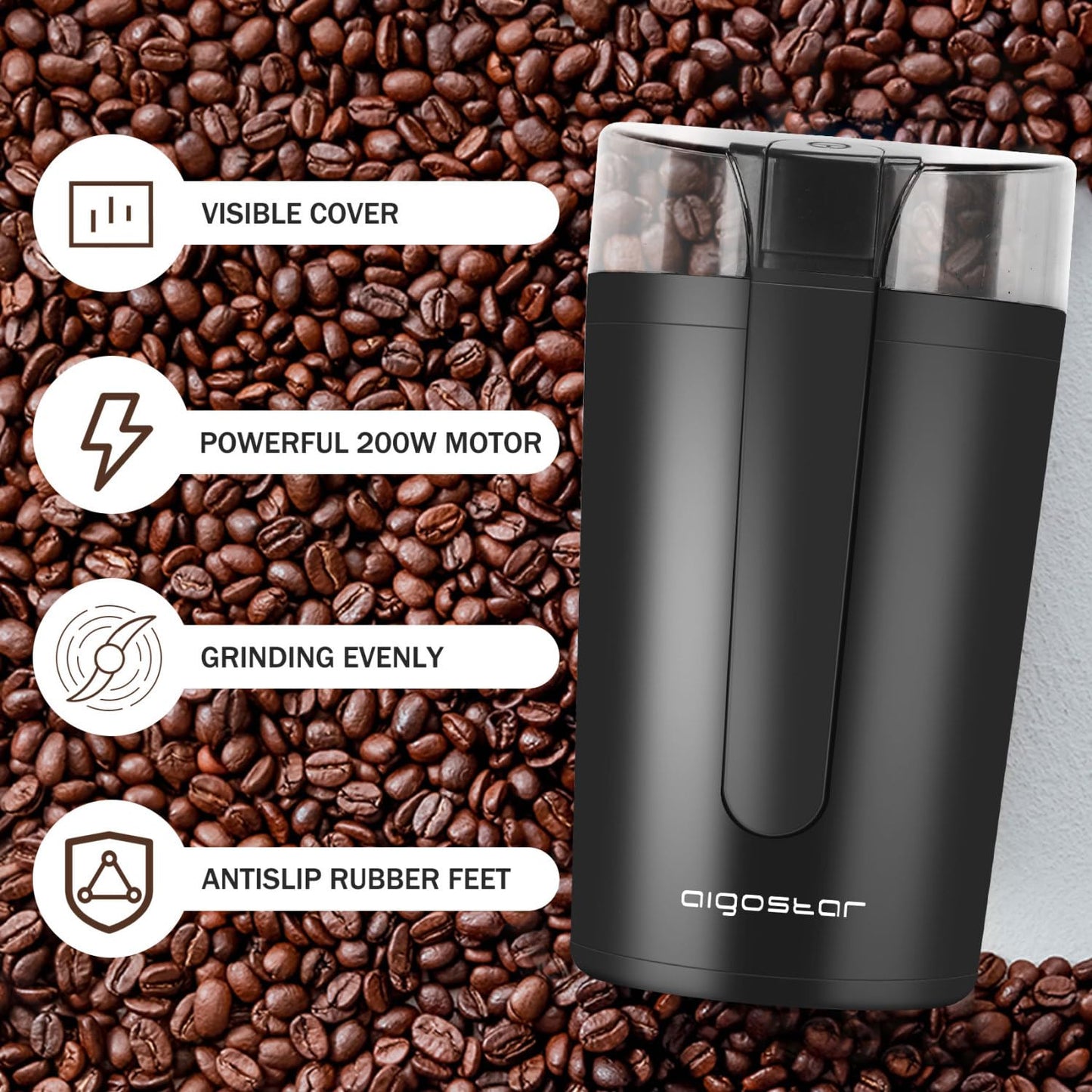 Aigostar Coffee Grinder Electric with Removable Lid, Grinder for Coffee Bean, Pepper, Grain, Spice, Nuts Safe 304 Stainless Steel Blades, Powerful Grinder Motor 200W - Natural 30RRK.