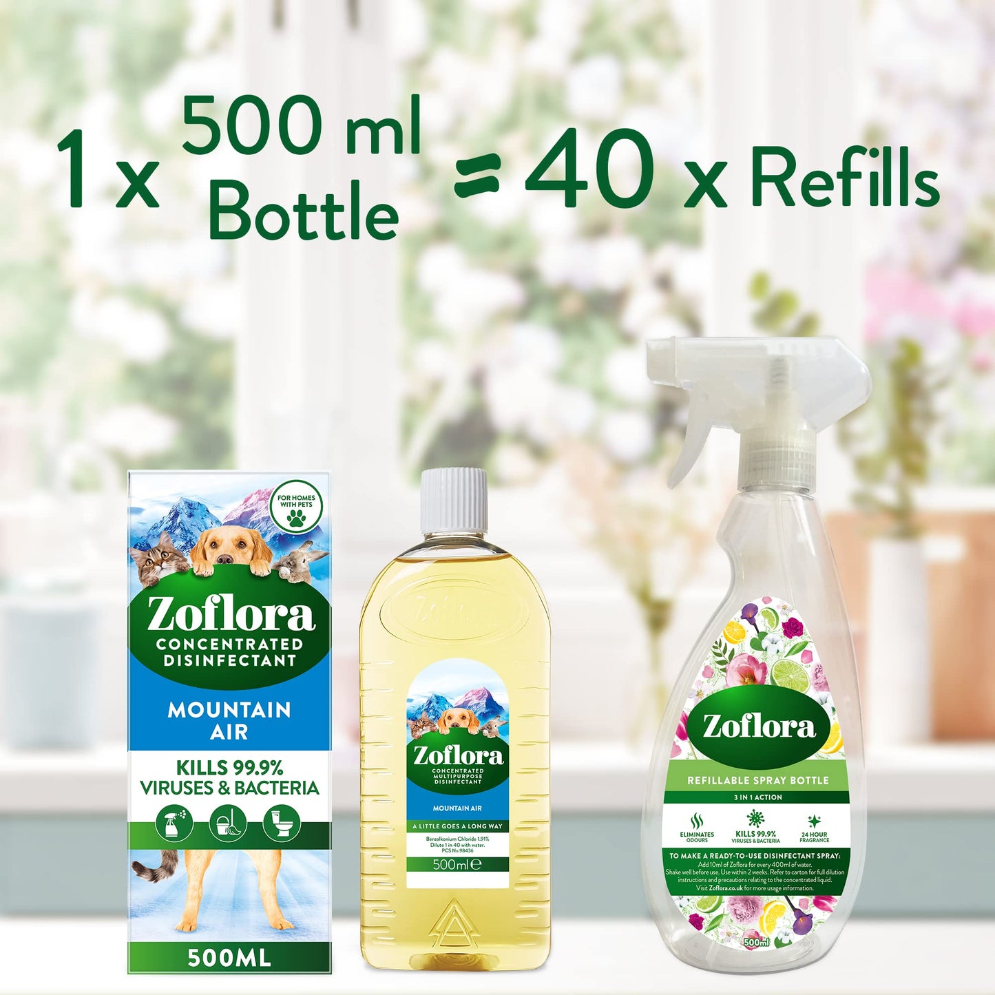 Zoflora Fresh Home, Mountain Air 6 x 500ml, Concentrated 3-in-1 Multipurpose Disinfectant Kills 99.9% of Bacteria & Viruses