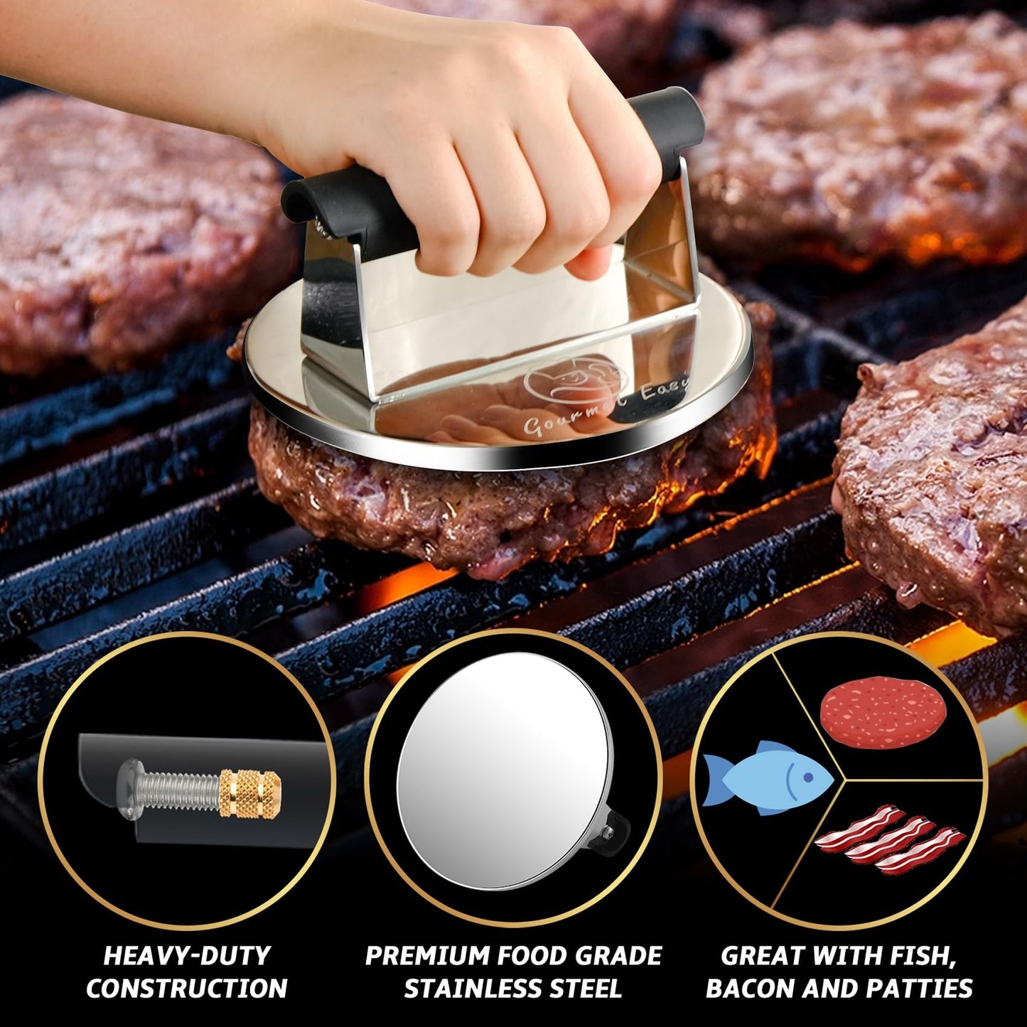 0.9kg Smash Burger Press Stainless Steel, Burger Smasher for Griddle Heat Resistant Handle,Hamburger Press,Dishwasher Safe Grill Press for Griddle, Meat Press Griddle Press for Flat Top Grill Cooking