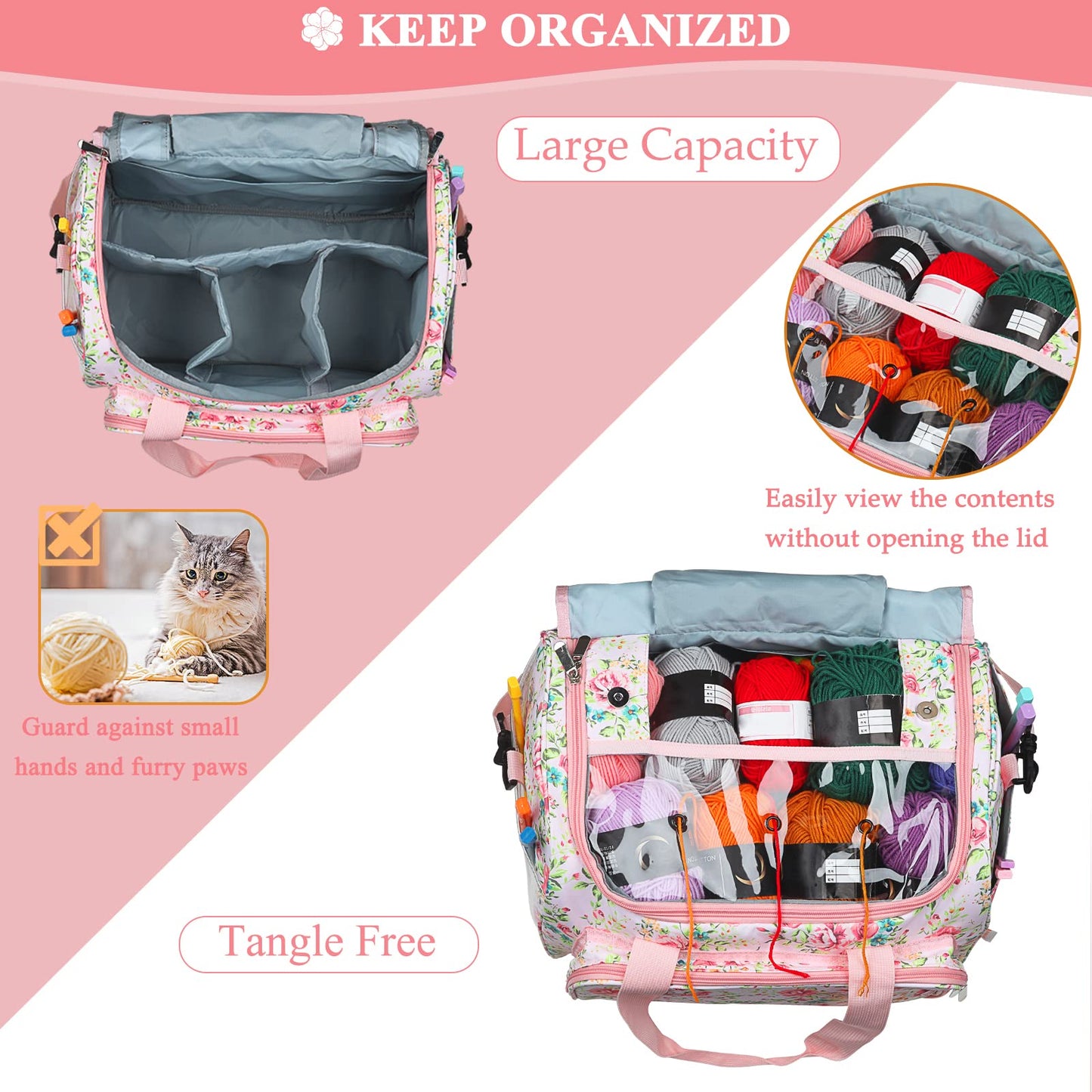 Coopay Knitting Bags and Knitting Organizers Large, Knitting Bag Extra Large Craft Bags With Compartments, Yarn Storage Organiser UK, Women Travel Crochet Bags for Wool and Hooks, Knitter's Gift Pink