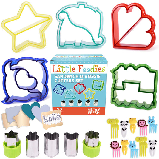 GET FRESH Sandwich Cutters for Kids – Childrens Cutters Set with 5 Sandwich Shapes/Cookie Cutters/Bread Cutters – Comes with 5 Vegetable Cutters and Bonus 10 Bento Decorations and 10 Scratch-off cards 30-pcs Set