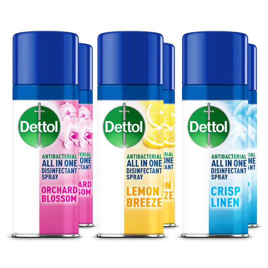 Dettol All-in-One Disinfectant Spray Pack of 6 Antibacterial Disinfectant Spray, 2 x Lemon Breeze, 2 x Crisp Linen and 2 x Orchard Blossom 400 ml x 6