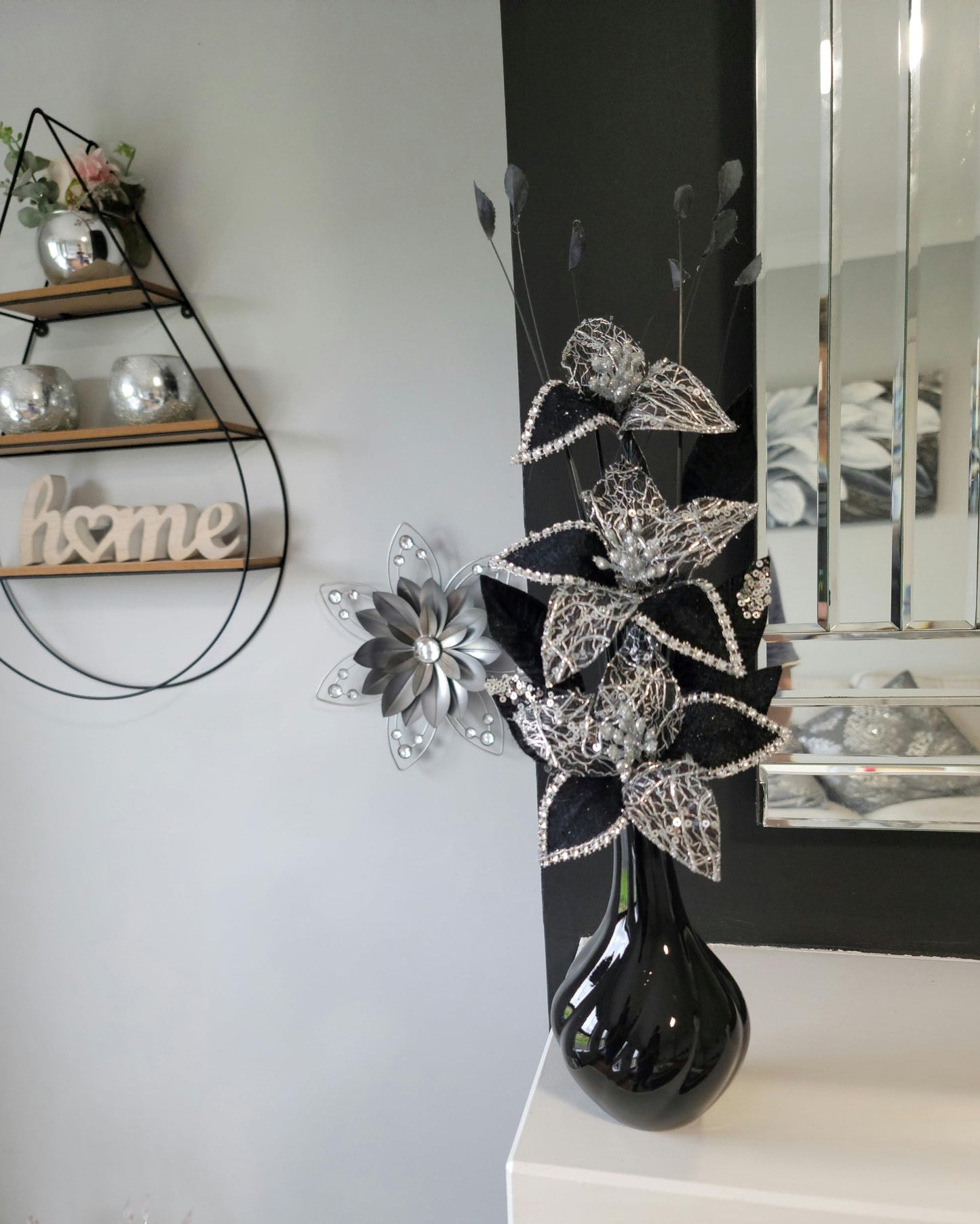 Flourish Vase with Artificial Flowers - Black and Silver, Pre-Arranged - Perfect for Home Decor and Living Room Decoration, Bedroom or Bathroom Ornament