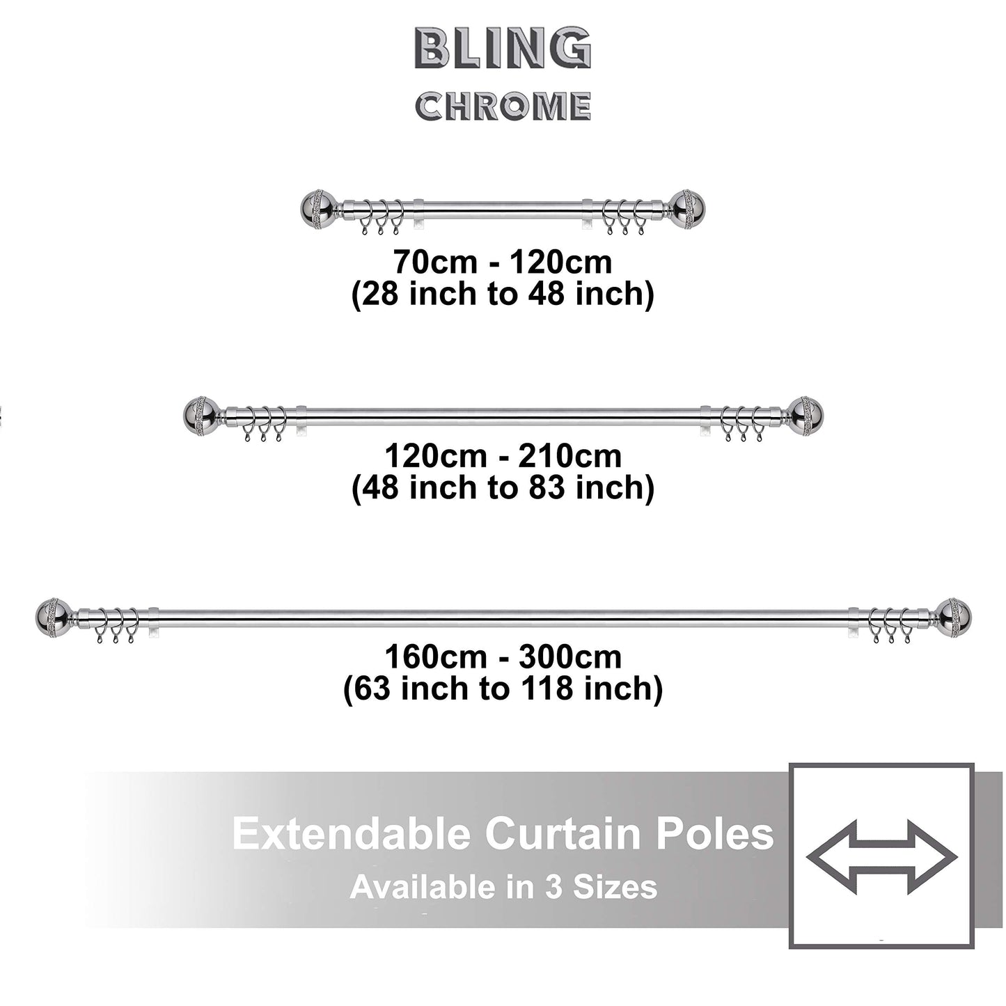 Bling Ball Extendable Curtain Pole. Includes Pair Of Superior 60mm Size Finials, Rings, Brackets & Fittings Set. (Chrome, 160cm - 300cm, 63 Inch to 118 Inch) Chrome