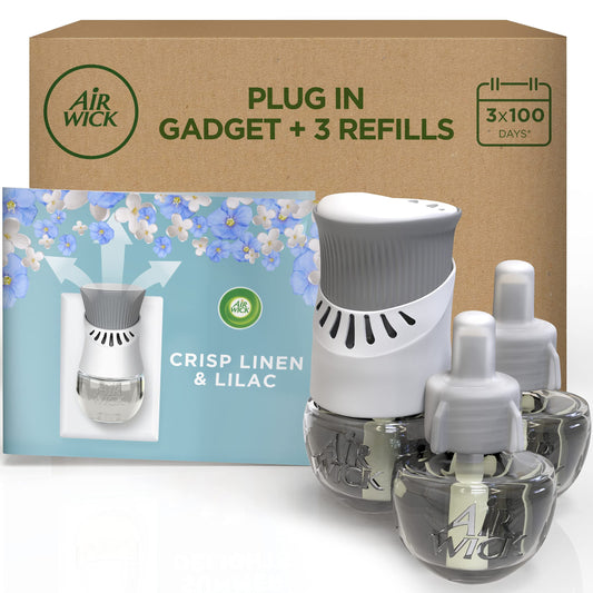 Air Wick|Crisp Linen & Lilac|Plug in Electrical Air Freshener Starter Kit |1 Gadget & 3 Refills| Lasts up to 300 Days Crisp Linen and Lilac Kit (Pack of 2)