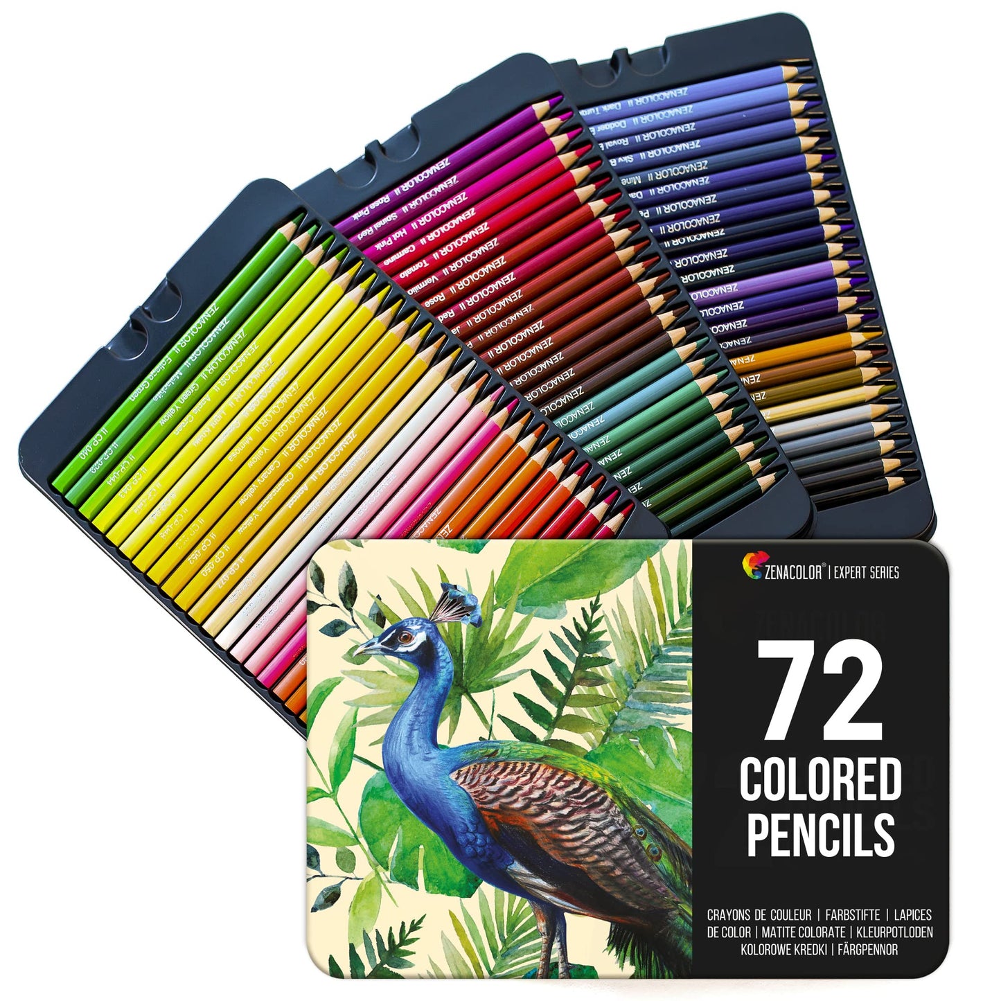 Zenacolor 72 Colouring Pencils with Metal Box 72 Unique Coloured Pencils and Pre Sharpened Crayons for Colouring Book - Easy Access with 3 Trays