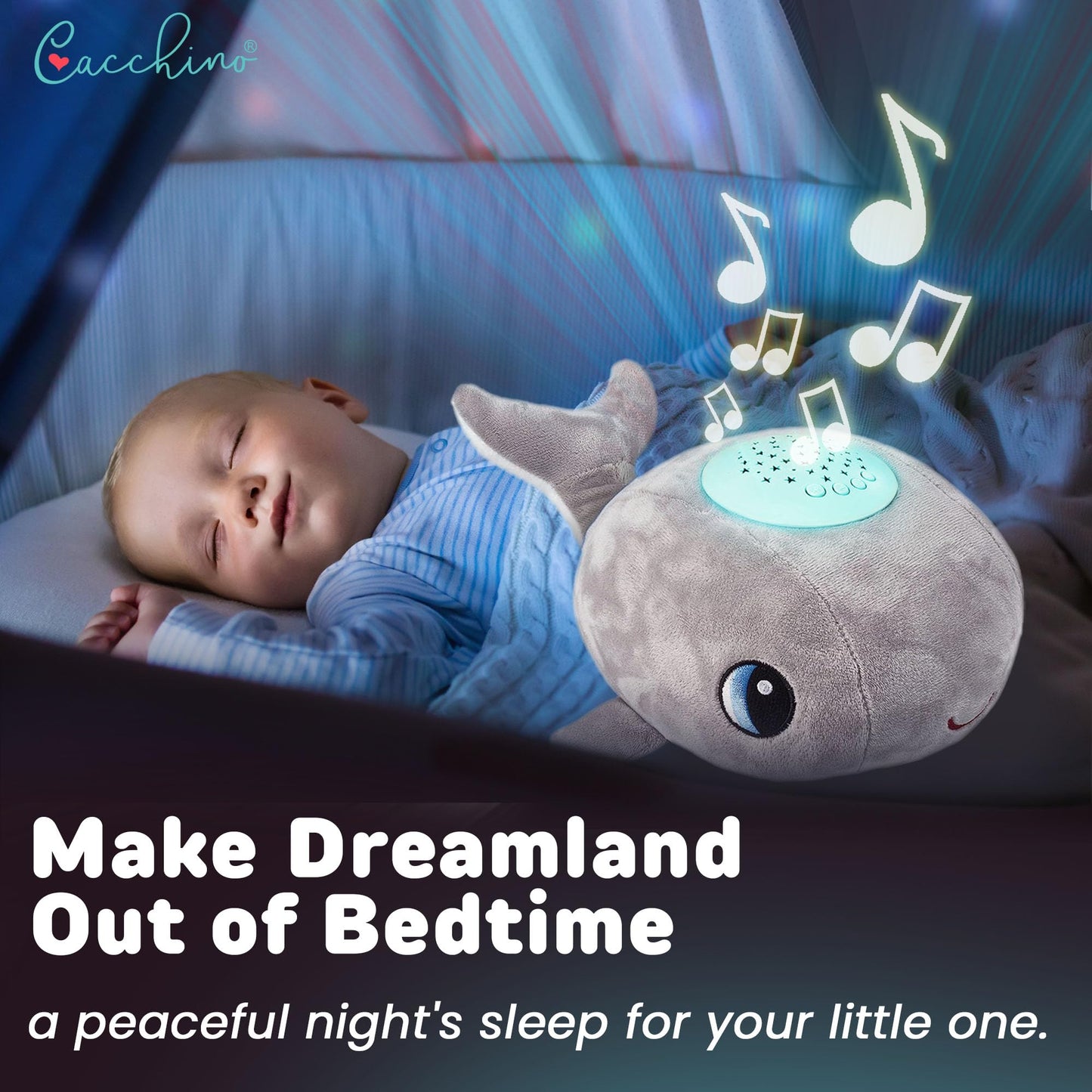 Cacchino’s Ben Baby Sleep Soother and Aid with Musical Baby Night Light Star Projector with Nursery Rhymes and Soothing Sounds, Heartbeat. The Soft Plush Whale is an Ideal Baby Gift. Grey