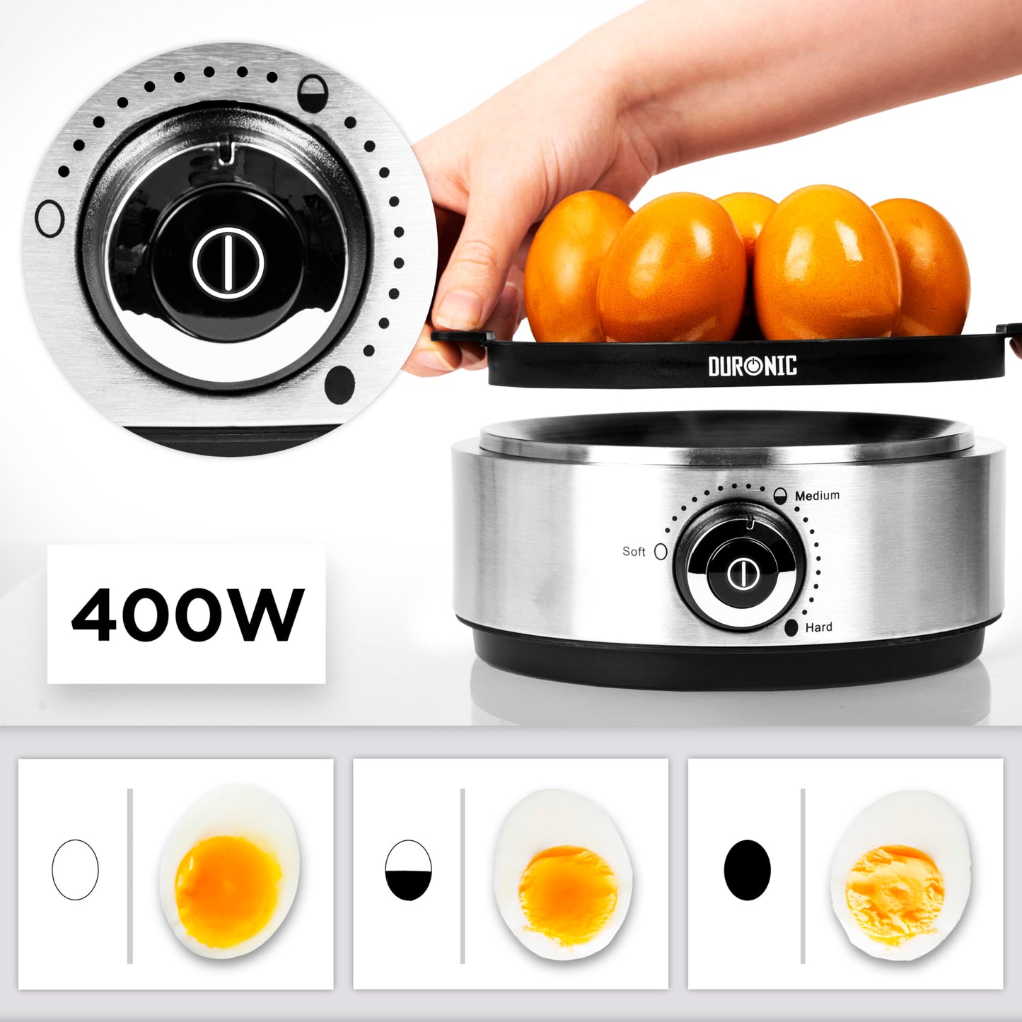 Duronic 7 Egg Boiler EB40, Egg Cooker with Buzzer, Egg Steamer makes Soft | Medium | Hard Boiled Eggs Alarm Timer Settings, Includes Egg Piercer & Measuring Water Cup, 400W Stainless Steel 7 Egg Boiler