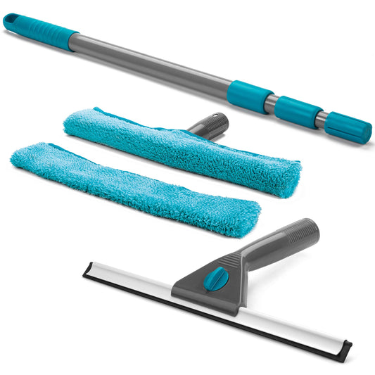 Beldray LA028693TQ 5 Piece Large Window Cleaning Kit - Telescopic Handle, Squeegee Wipers and Microfibre Pads, Perfect For Cleaning Glass & Windows, Easy Use, Streak-Free Cleaning Equipment, Turquoise Window Cleaning Set