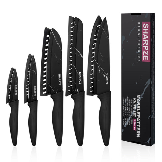 Kitchen Knife Set of 5 | Ultra Sharp Stainless Steel Blade I Kitchen Knives with Ergonomic Handle & Sheaths Include Peeling, Utility, Santuko, Bread, Chef Knife & eBook