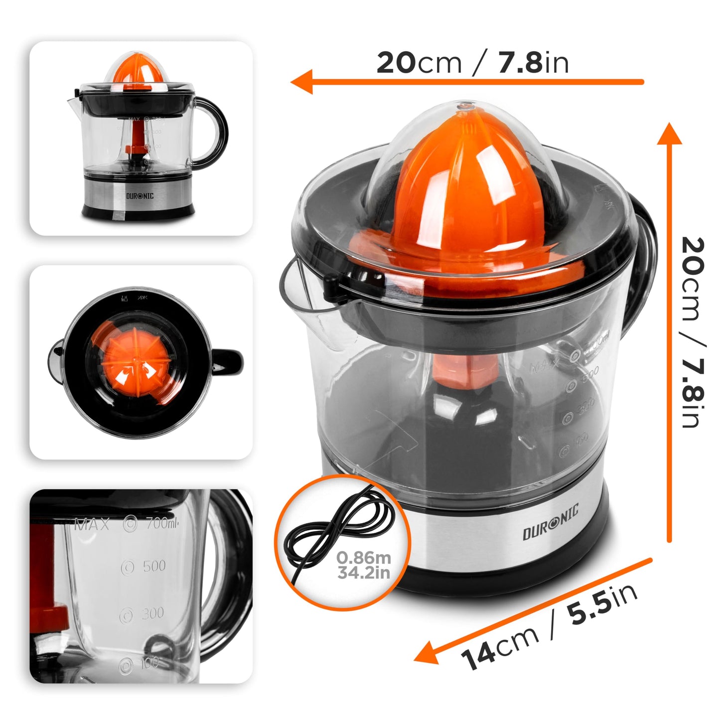 Duronic Electric Citrus Juicer JE407 40W 700ml Capacity | 2 Interchangeable Cones and Adjustable Pulp Filter Ideal for Fresh Citrus Juice Oranges Lemons Lime Squeezer Juice Machine JE407 40 Watt