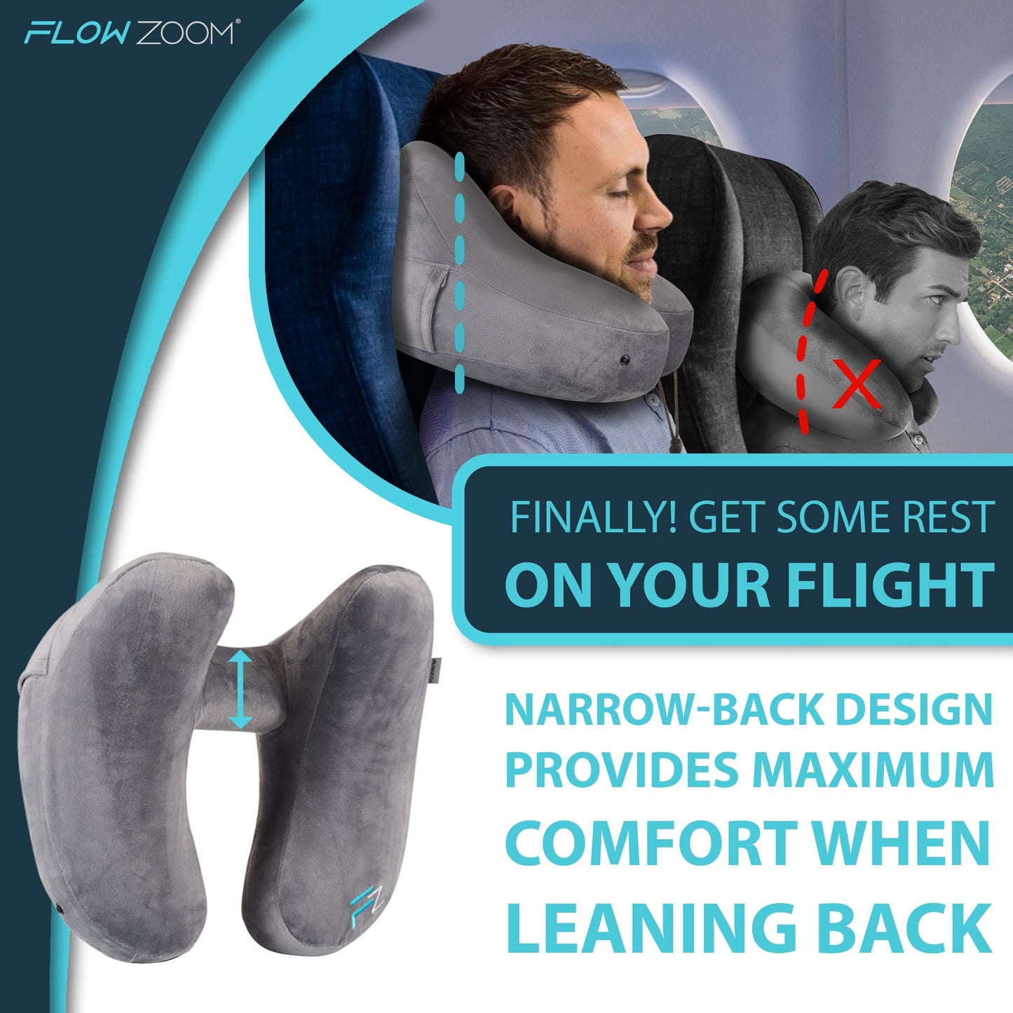 FLOWZOOM AIR Inflatable Travel Pillow for Airplane - Hooded Neck Pillow for Travel - Inflatable Travel Neck Pillow - Plane Pillow - Neck Cushion - Flight Pillow - Travel Neck Pillows for Adults – Grey Grey - Size L