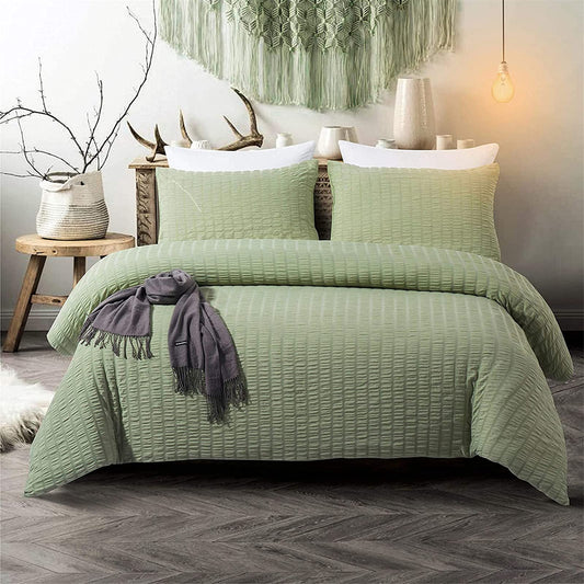 King Size Green Classic Seersucker Duvet Cover for Teens Adults Seersucker Bedding Set with 2 Pillowcases Puckering Duvet Cover Set with Zipper Closure 220×230cm King Size 220x230cm