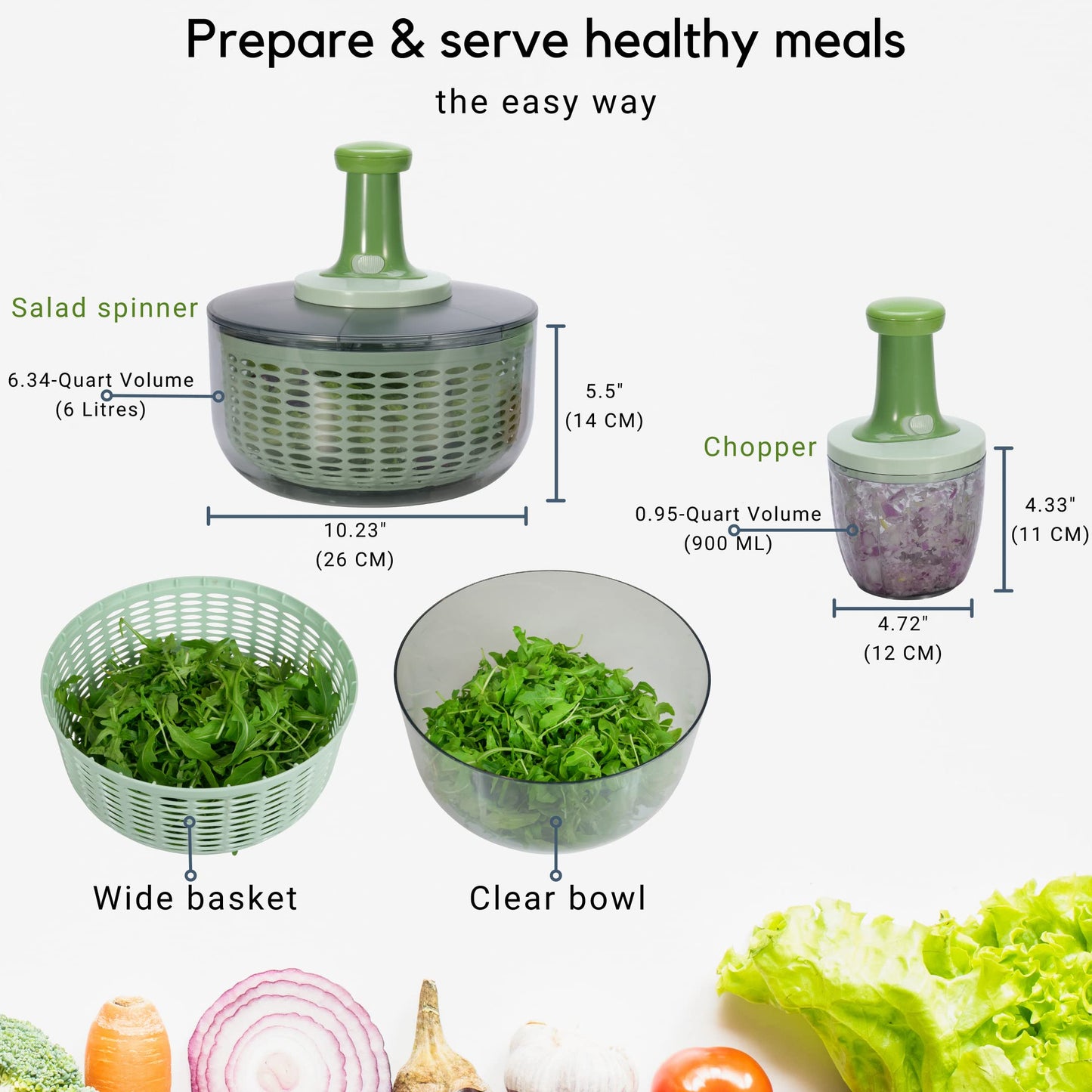 Brieftons Salad Spinner and Chopper: Large 6-Litre Lettuce Greens Vegetable Washer Dryer, with Bonus 0.9-Litre Veggie Chopper Mixer, Compact Storage, Easy Push Operation for Quick Veggie Prepping