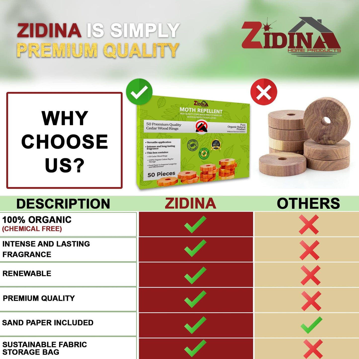 Zidina Moth Repellent for Wardrobes - 50 Rings - Natural Cedar Rings Moth Repellent - Anti Moth Products Wardrobe - Moth Killer for Wardrobe - Moth Repellent for Clothes - Moth Balls with Sandpaper