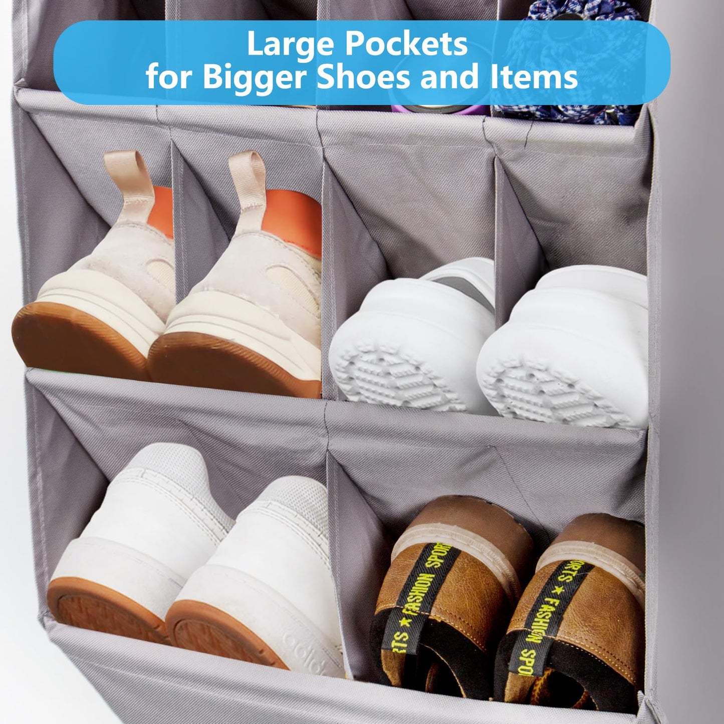 FENTEC Over Door Shoe Organizer, Over Door Storage 14 Pockets, Hanging Shoe Storage Door Shoe Rack Sturdy 600D Oxford Fabric with 3 Hooks for Space Saving, Heavy Duty, Grey 1 Pack-14 Pockets