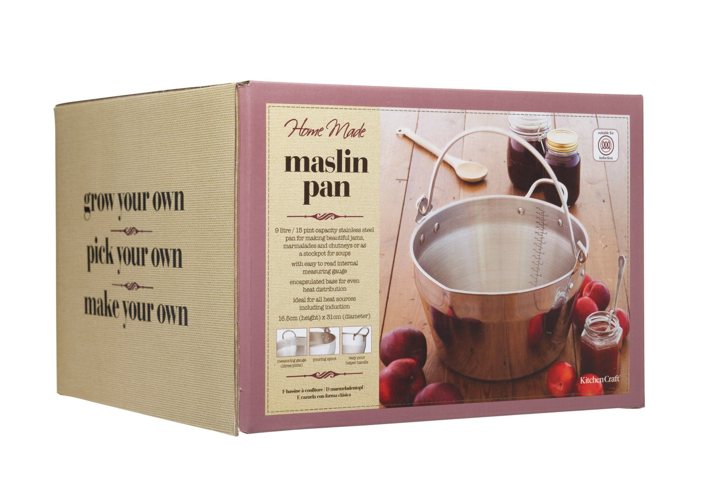 KitchenCraft Jam Pan, Home Made Maslin/Jam Pan for Induction Hob with Recipe in Gift Box, Stainless Steel, 9 Litres, Silver Maslin Pan