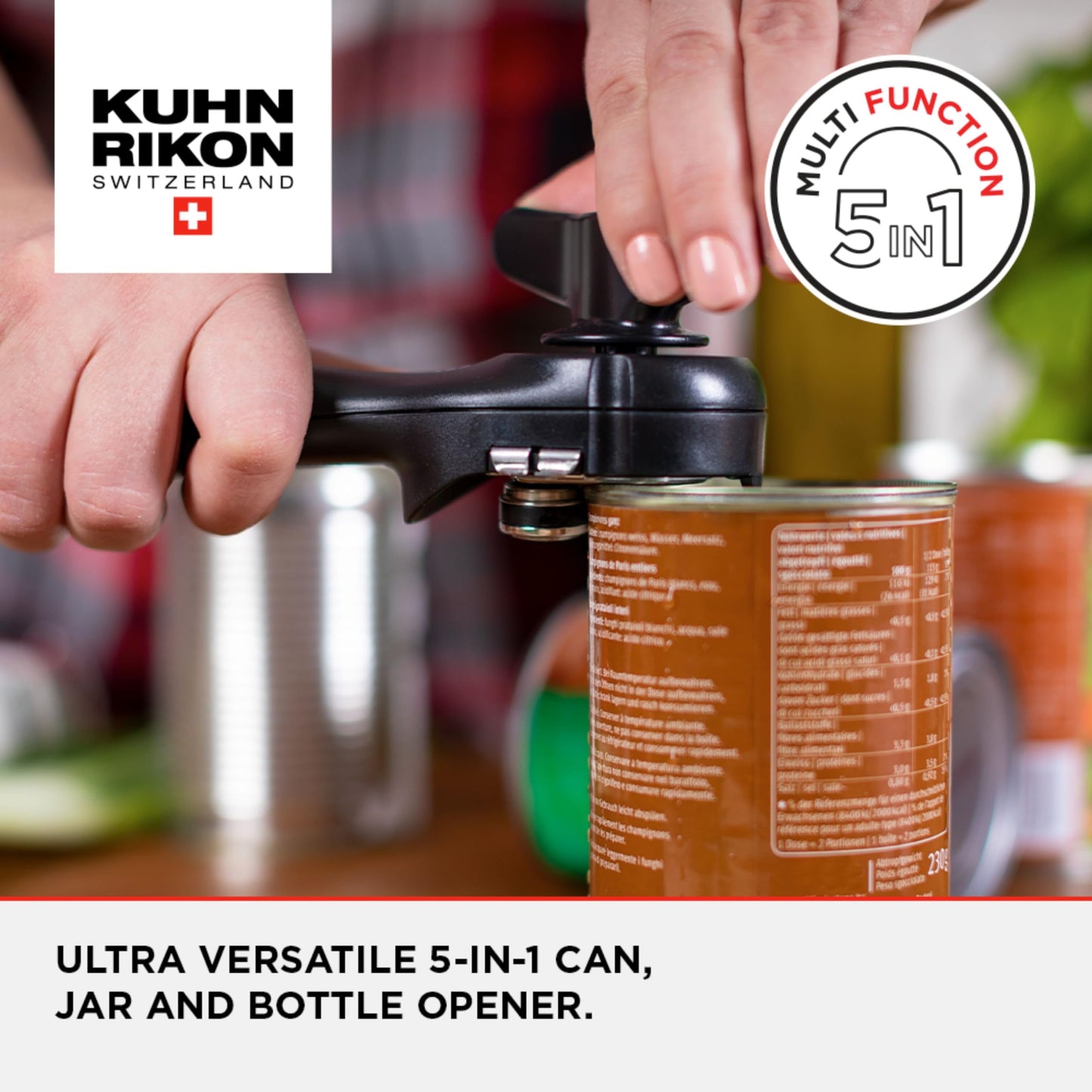 Kuhn Rikon 5-in-1 Can, Jar and Bottle Opener. Self-Attaching Can Opener. Tin Opener with Lid-Lifter. Jar Opener for Weak Hands. Jar Lid Opener – 3 Year Kuhn Rikon Kitchen Accessories Guarantee Black