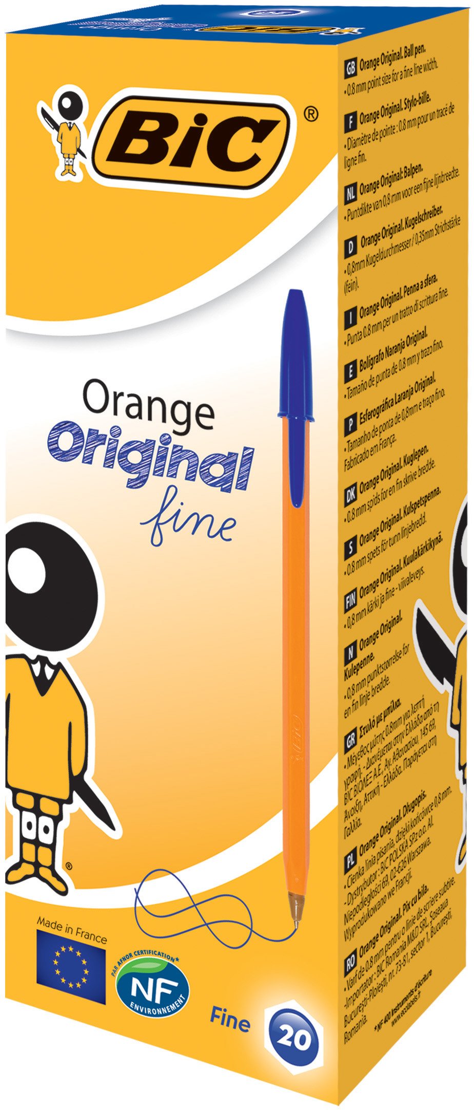 BIC Orange Original Fine Ballpoint Pens, Writing Pens with Long-Lasting Ink, Fine Point (0.8mm) Blue, Pack of 20