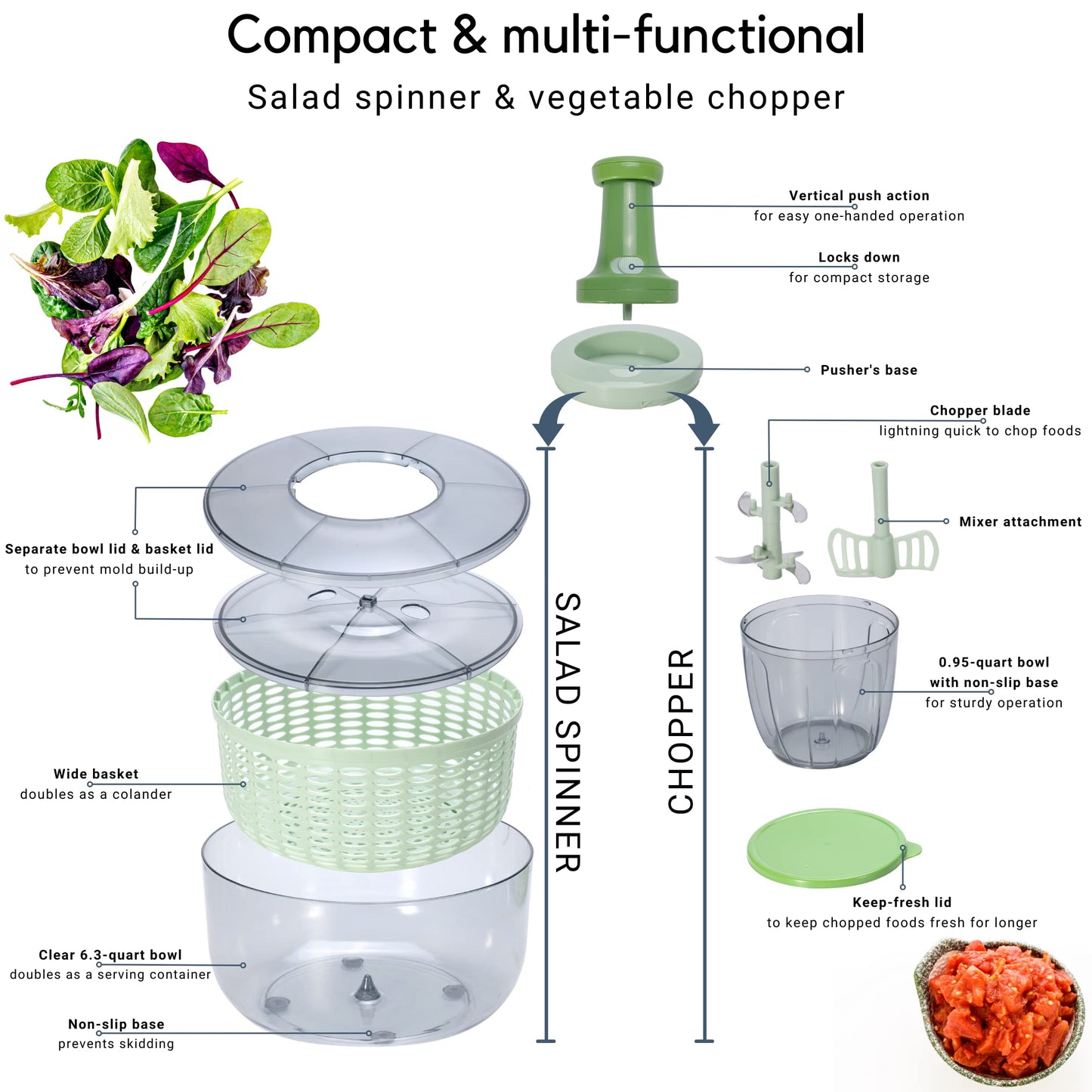 Brieftons Salad Spinner and Chopper: Large 6-Litre Lettuce Greens Vegetable Washer Dryer, with Bonus 0.9-Litre Veggie Chopper Mixer, Compact Storage, Easy Push Operation for Quick Veggie Prepping