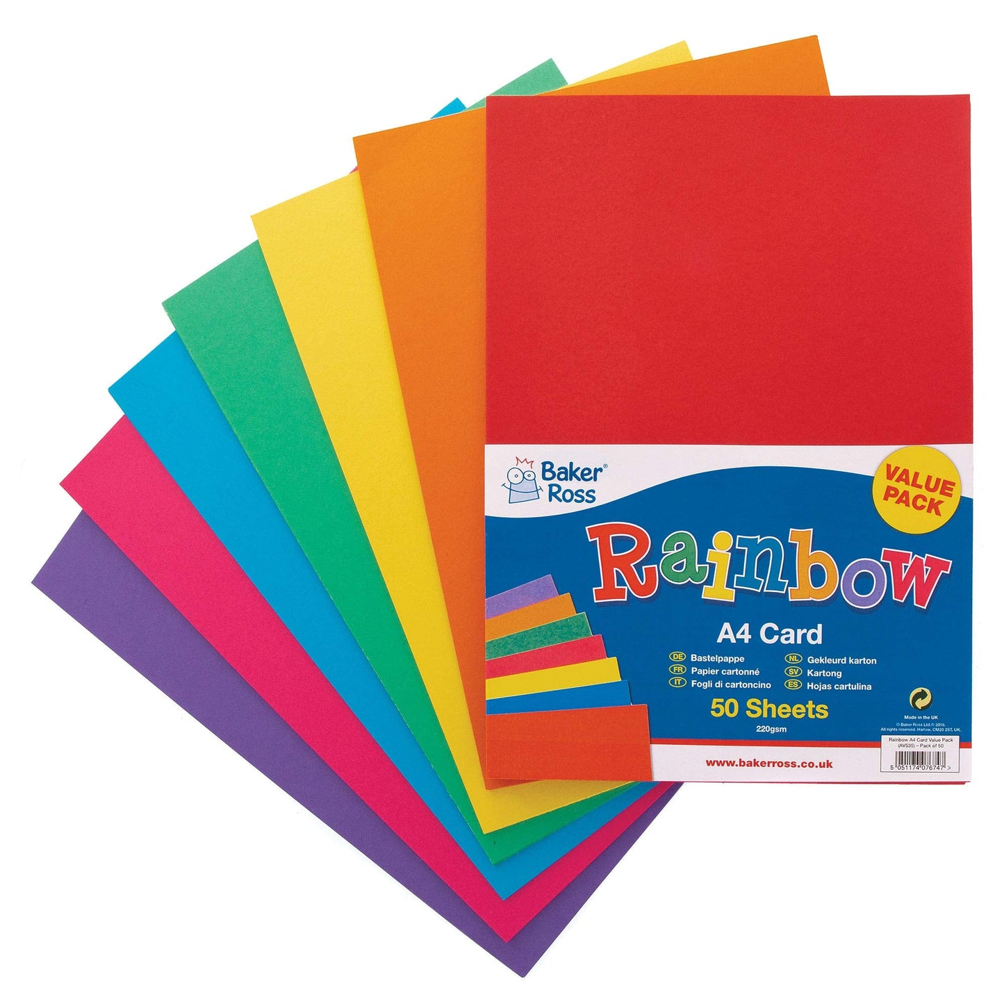 Baker Ross AV535 A4 Rainbow Coloured Card (220gsm), Perfect for Children's Art & Craft Activities, Collages, Model Making and More (Pack of 50), Assorted