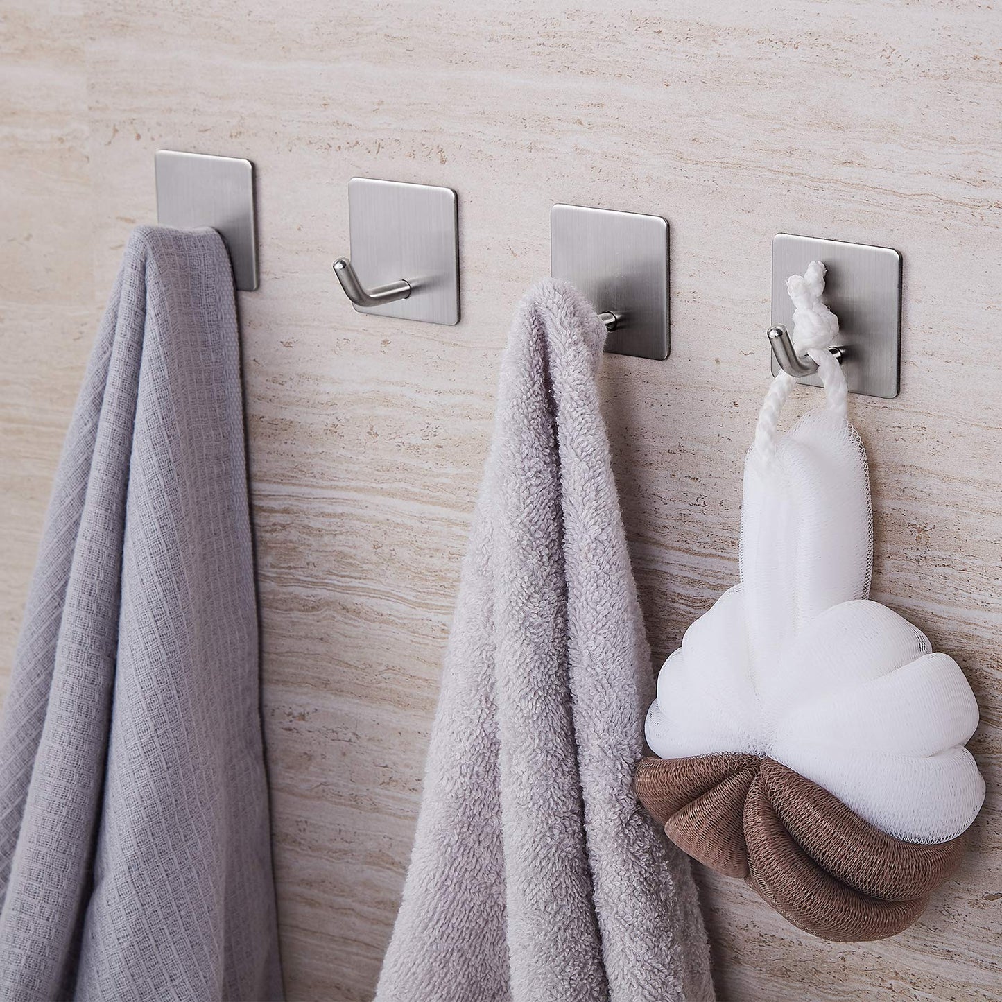 JS Self Adhesive Hooks, Stick on Hooks Holder for Tea Towel Robe Coat Kitchen Bathrooms,Stainless Steel Sticky Wall Hooks,Waterproof and Rustproof, 4 Pack 4pack A-sliver-4pack