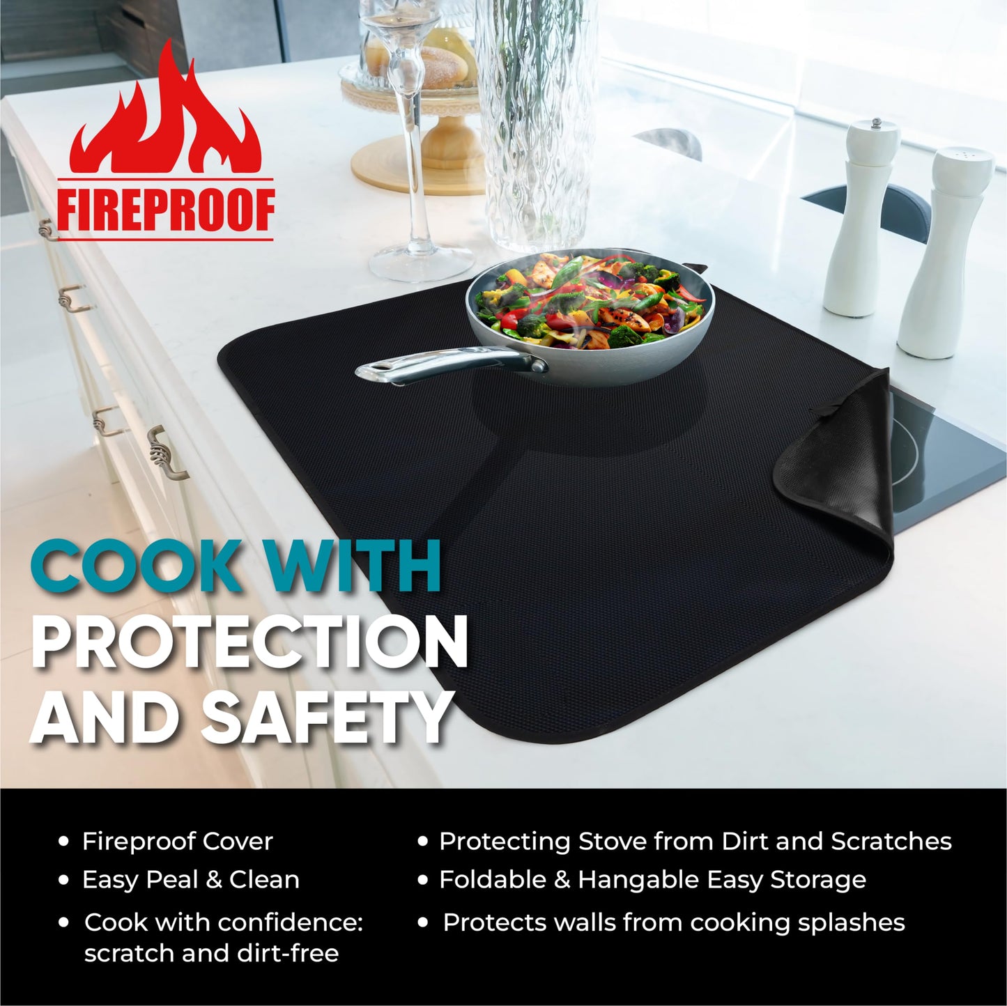 Larsic Fireproof Stove Cover - Protects Electric Stove Washer Dryer Top. Anti-Slip Coating Waterproof Foldable Prevents Scratching, Expands Usable Space (61X53 cm, Fireproof Black) 61X53 cm