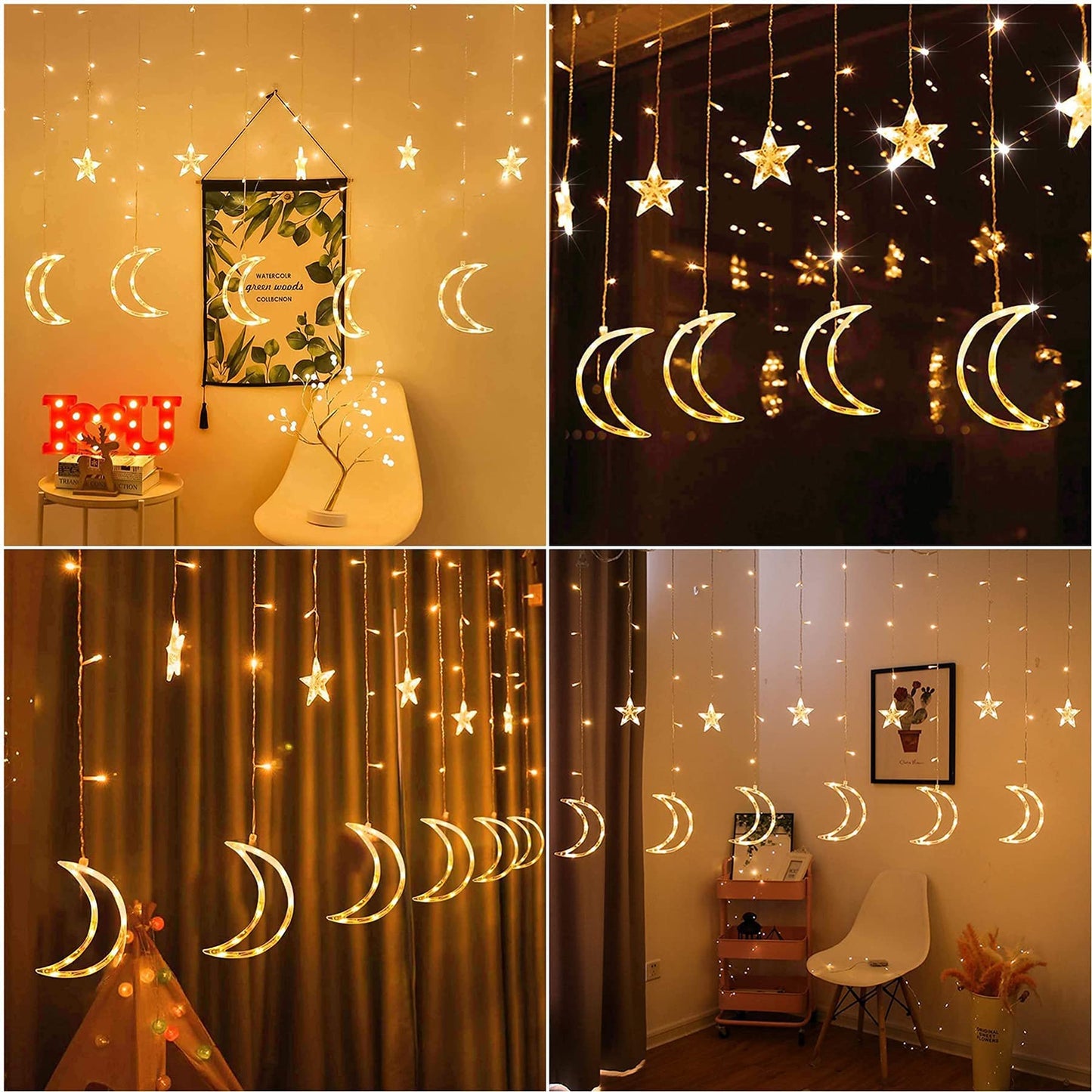 Garlocht Curtain Lights Plug in, 138LED Fairy Lights with 8 Modes, Star and Moon Curtain String Lights, Fairy Lights for Windows, Bedroom, Party, Outdoor/Indoor, Christmas Decorations (Warm White) Plug In-warm White