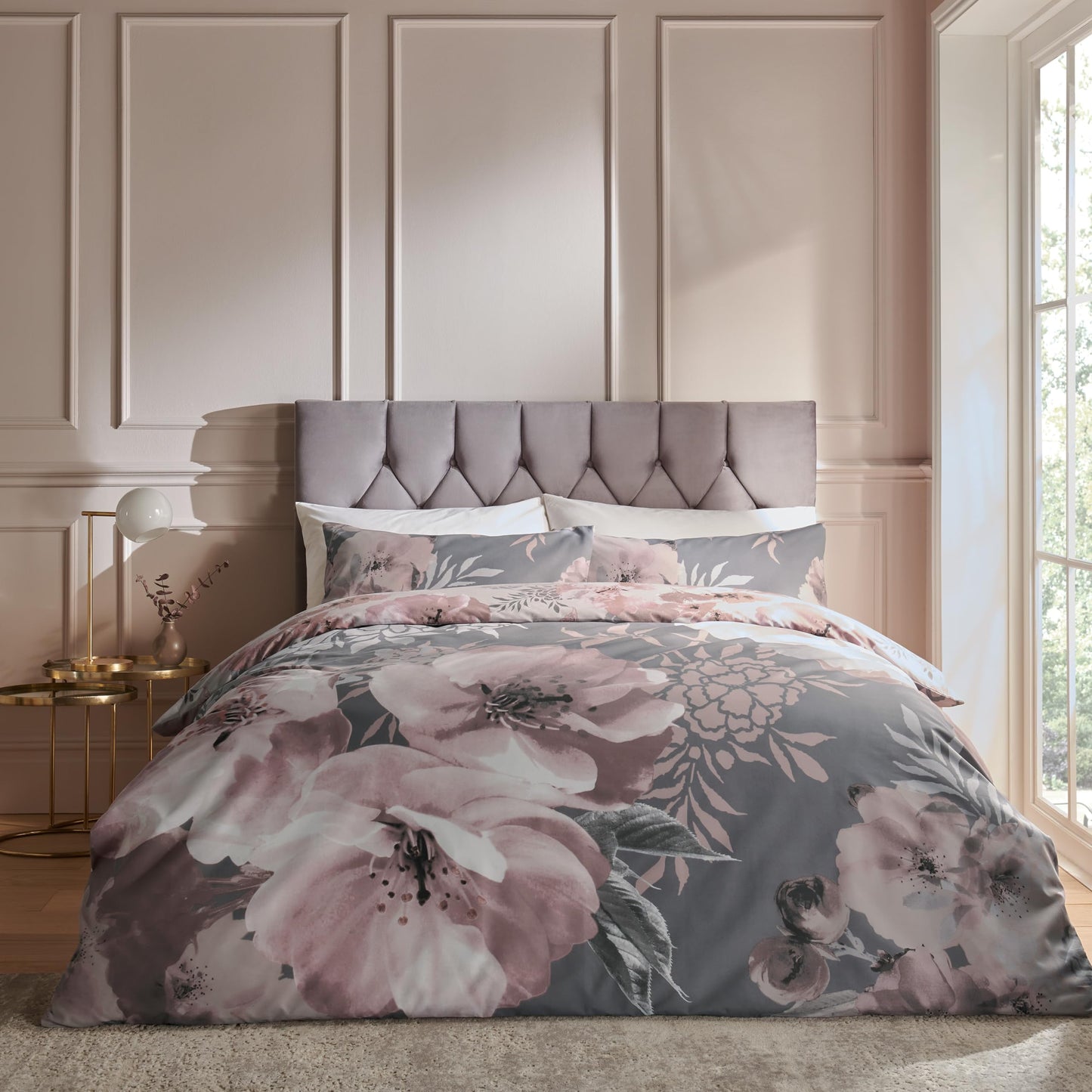 Catherine Lansfield Dramatic Floral Reversible Double Duvet Cover Set with Pillowcases Grey Double Duvet Set