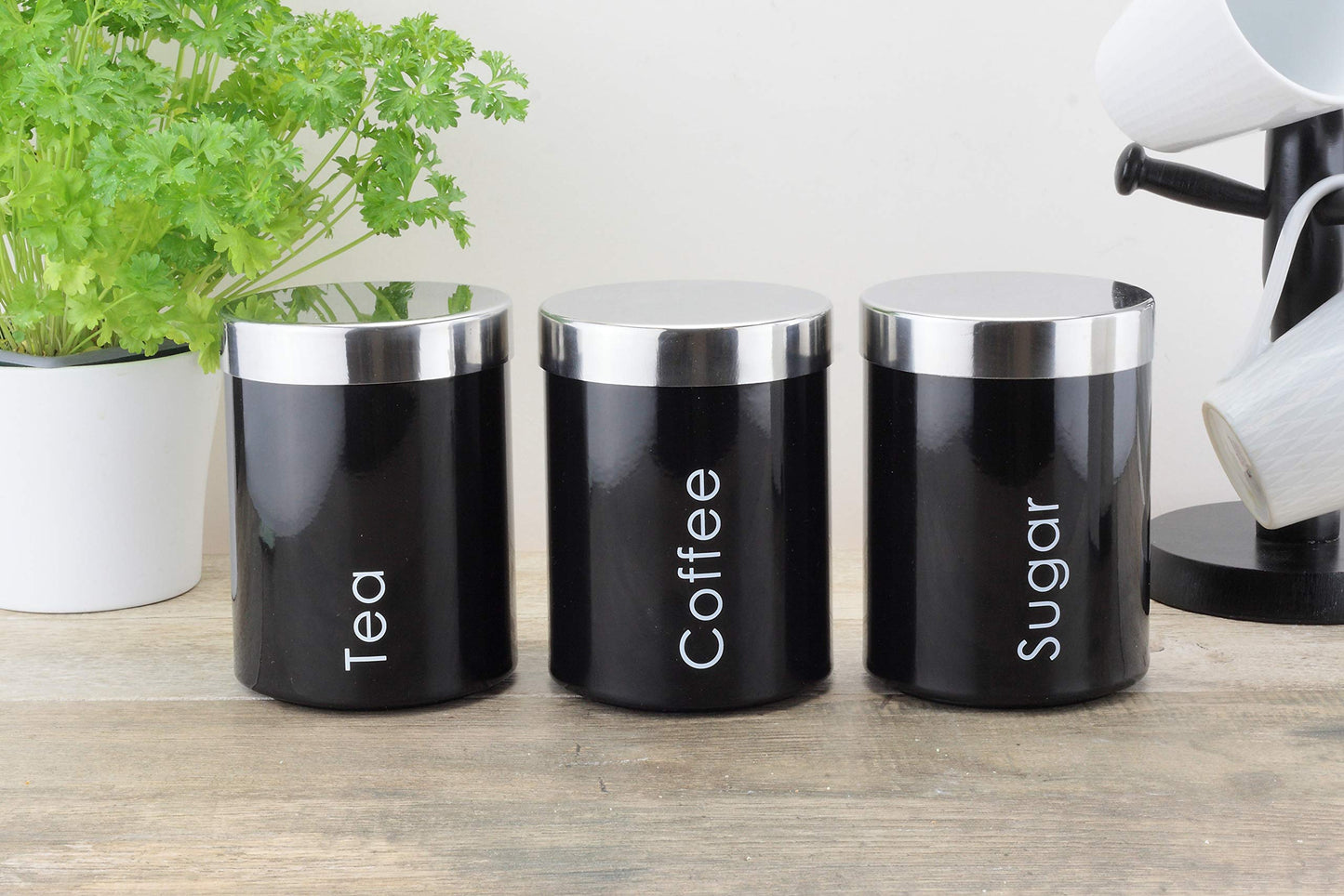 EHC Set of 3 Airtight Tea Sugar and Coffee Storage Canister Jars, Black