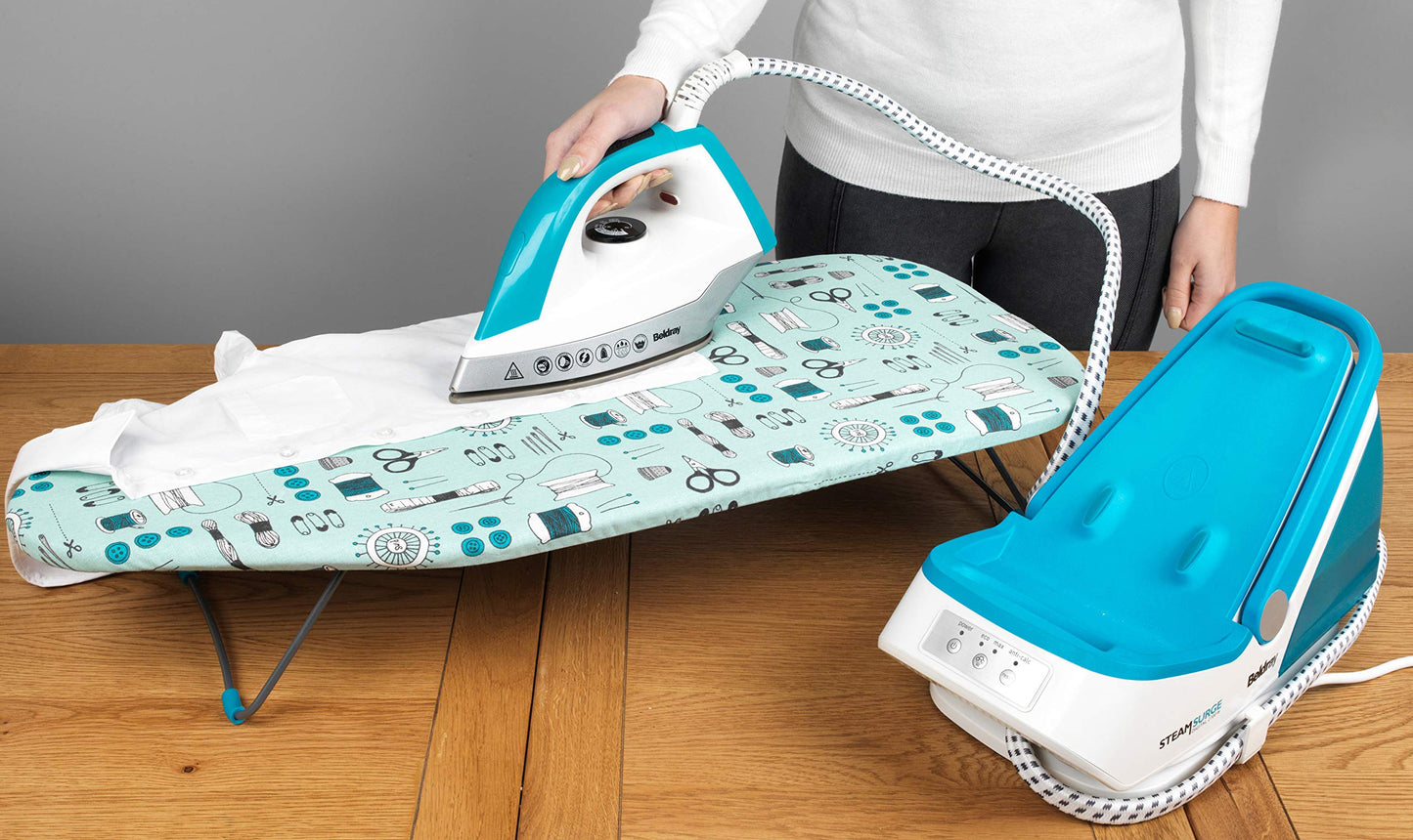 Beldray LA023735SEW Tabletop Ironing Board - Suitable for Left and Right-Handed Users, 73 x 31cm ,100% Cotton Cover, Sew Print, Lightweight, Easily Foldable Legs, Perfect for Travel & Small Spaces