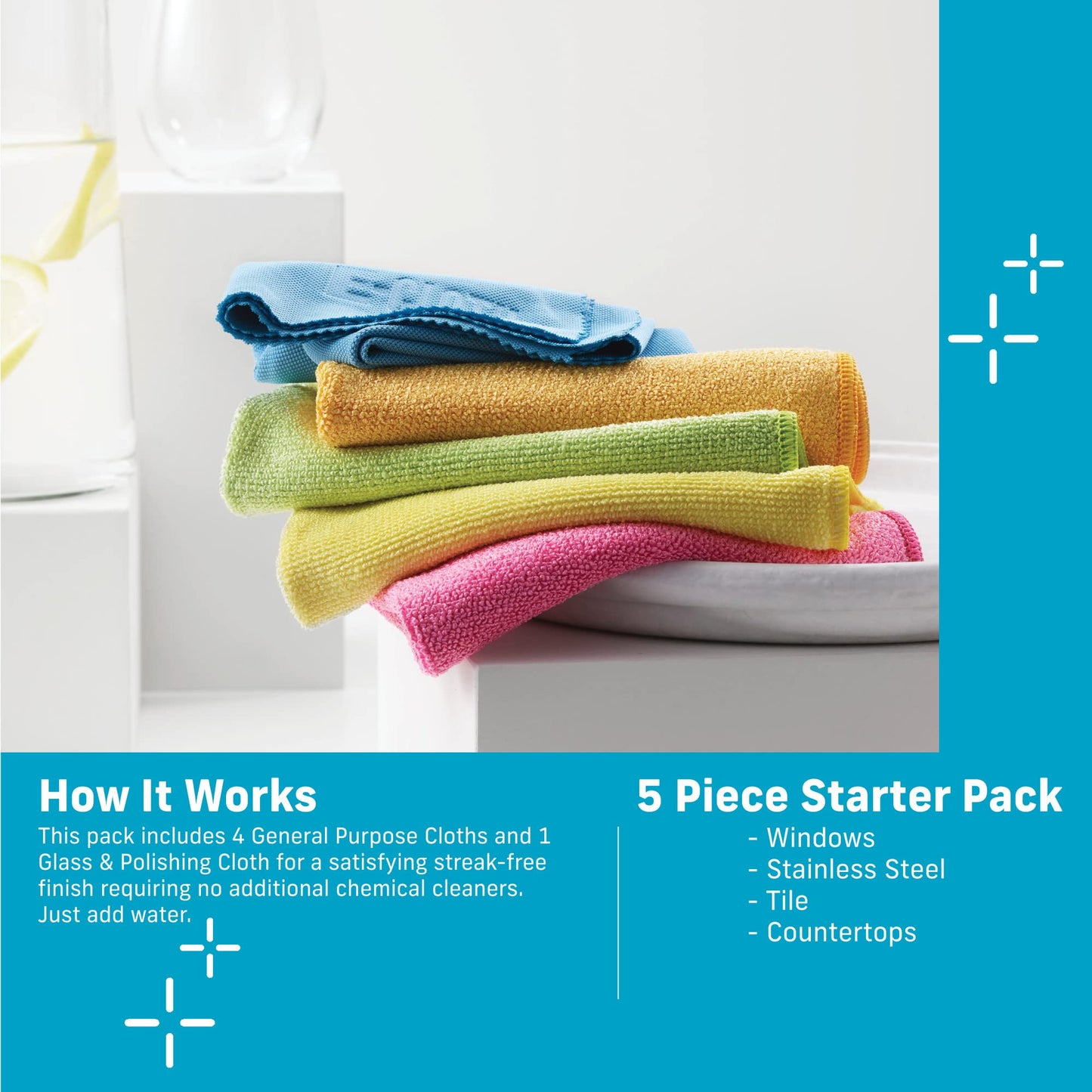 E-Cloth Starter Cleaning Pack, Microfibre, Assorted Colours, 5 Cloth Set, 1 Pack