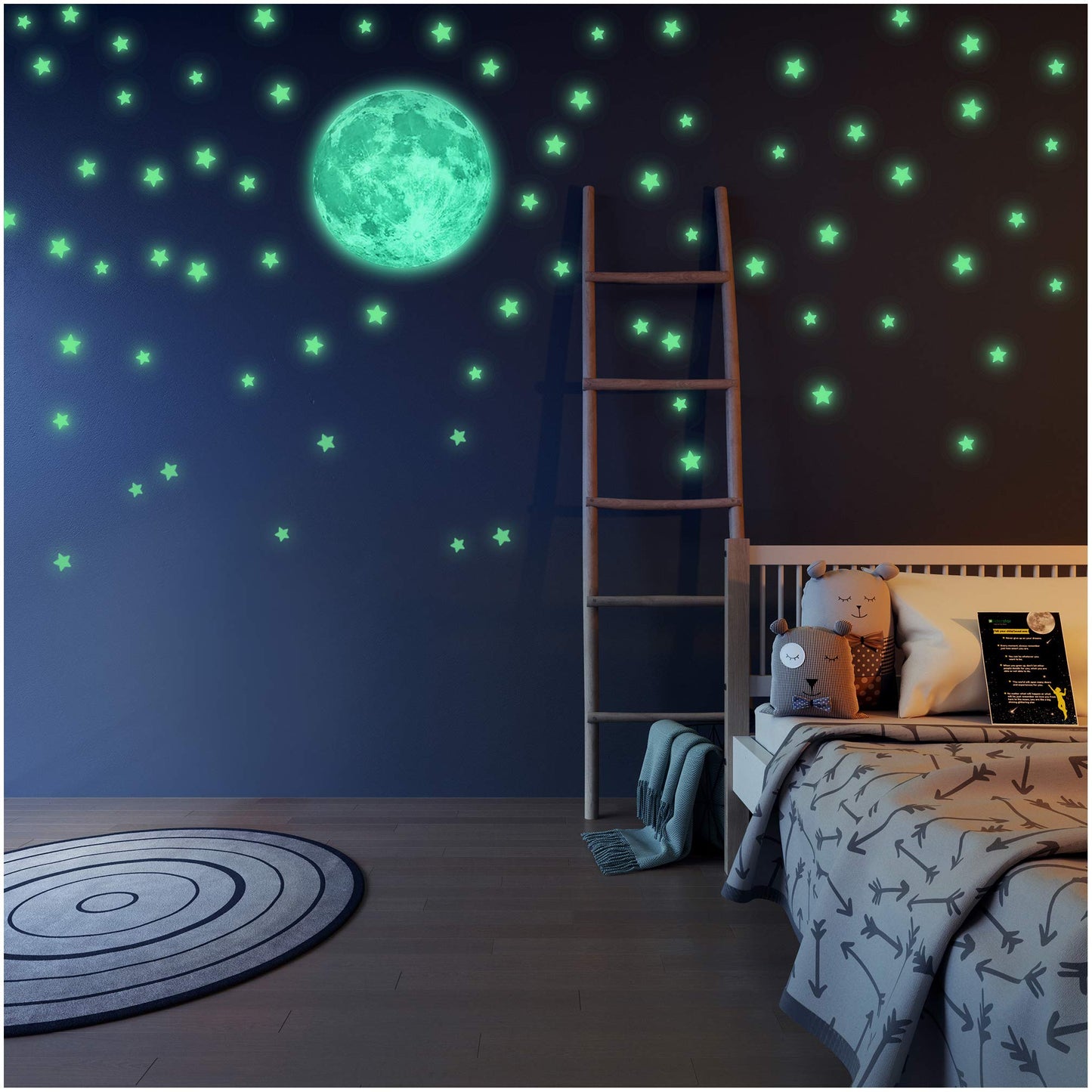 LIDERSTAR Glow in The Dark Stars and Moon for Ceiling, Luminous Stars and Moon Wall Decal, for Child's Rooms Wall Decor,Sticky Fluorescence Stars,Gift for boy and Girl Include Affirmation Card Green