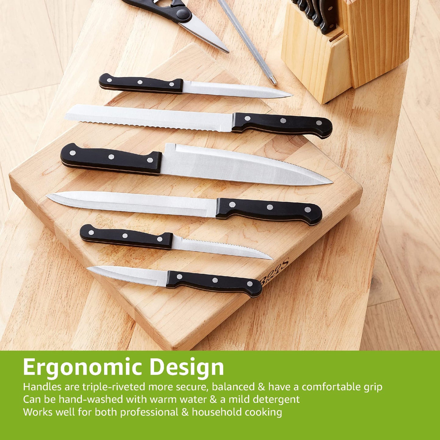 Amazon Basics 14-Piece Knife Set with Block, Black Single