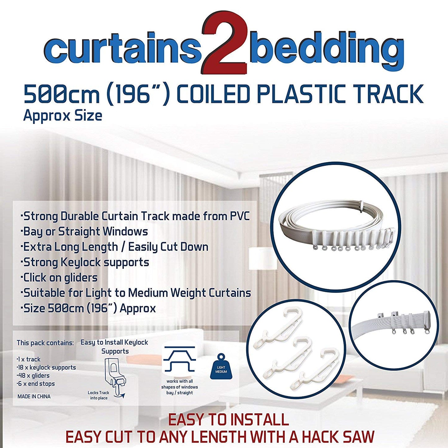 C2B 500cm Plastic Curtain Track - Strong, Bendable Track, (196") Bay & Straight Windows - Wall & Ceiling Mounted, Parts for 3 Tracks.- Easily Cut Down - Use Pencil Pleat, Pinch Pleat, Shower Curtain