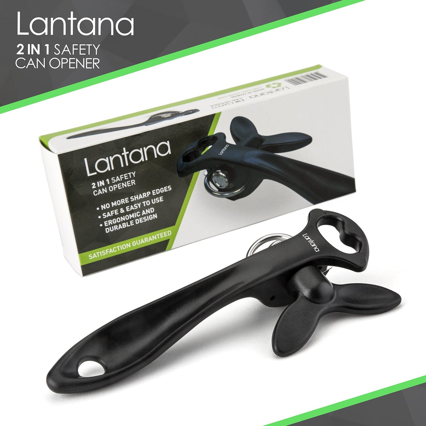 Lantana 2 in 1 Safety/Smooth Edge Tin Can Opener & Bottle Opener - Black/Stainless Steel