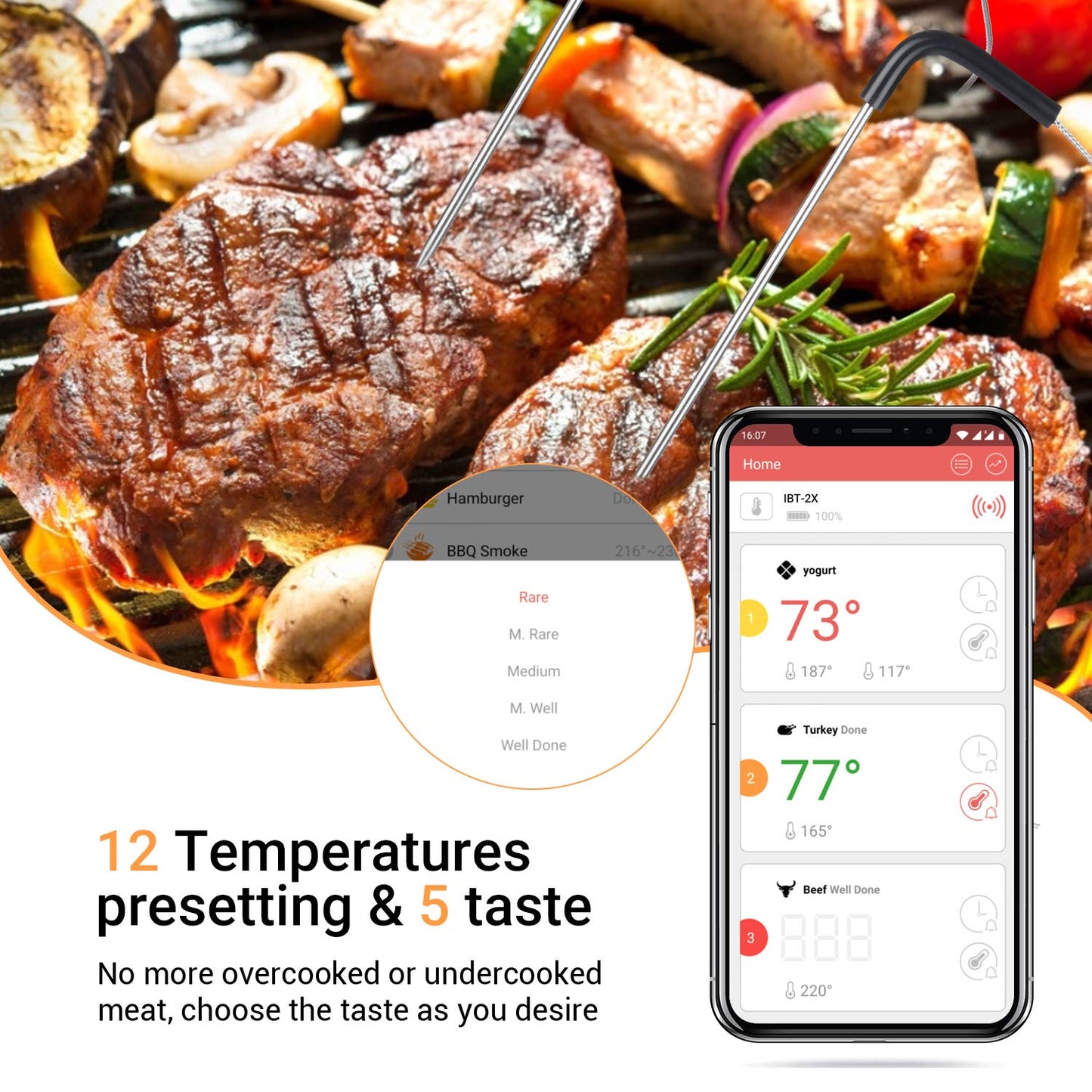 Inkbird IBT-2X, LCD, LED, Bluetooth 4.0 Grill Thermometer, Cooking Thermometer with Temperature Alarm, Oven Thermometer, Meat Thermometer with 2 Stainless Steel Probes for Grill, Baking, Roasting IBT-2X+2 Sonden