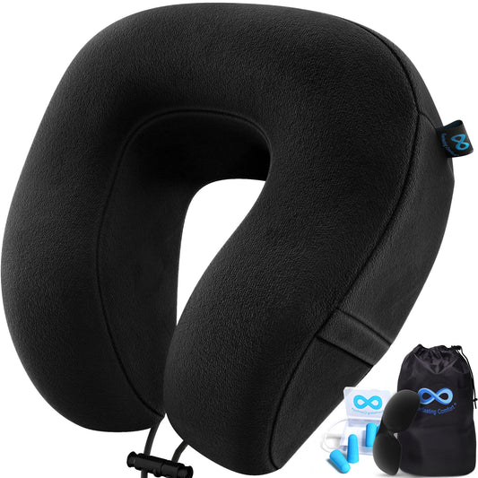 Everlasting Comfort Memory Foam Travel Pillow - Airplane Neck Rest & Plane Accessories (Black) Black