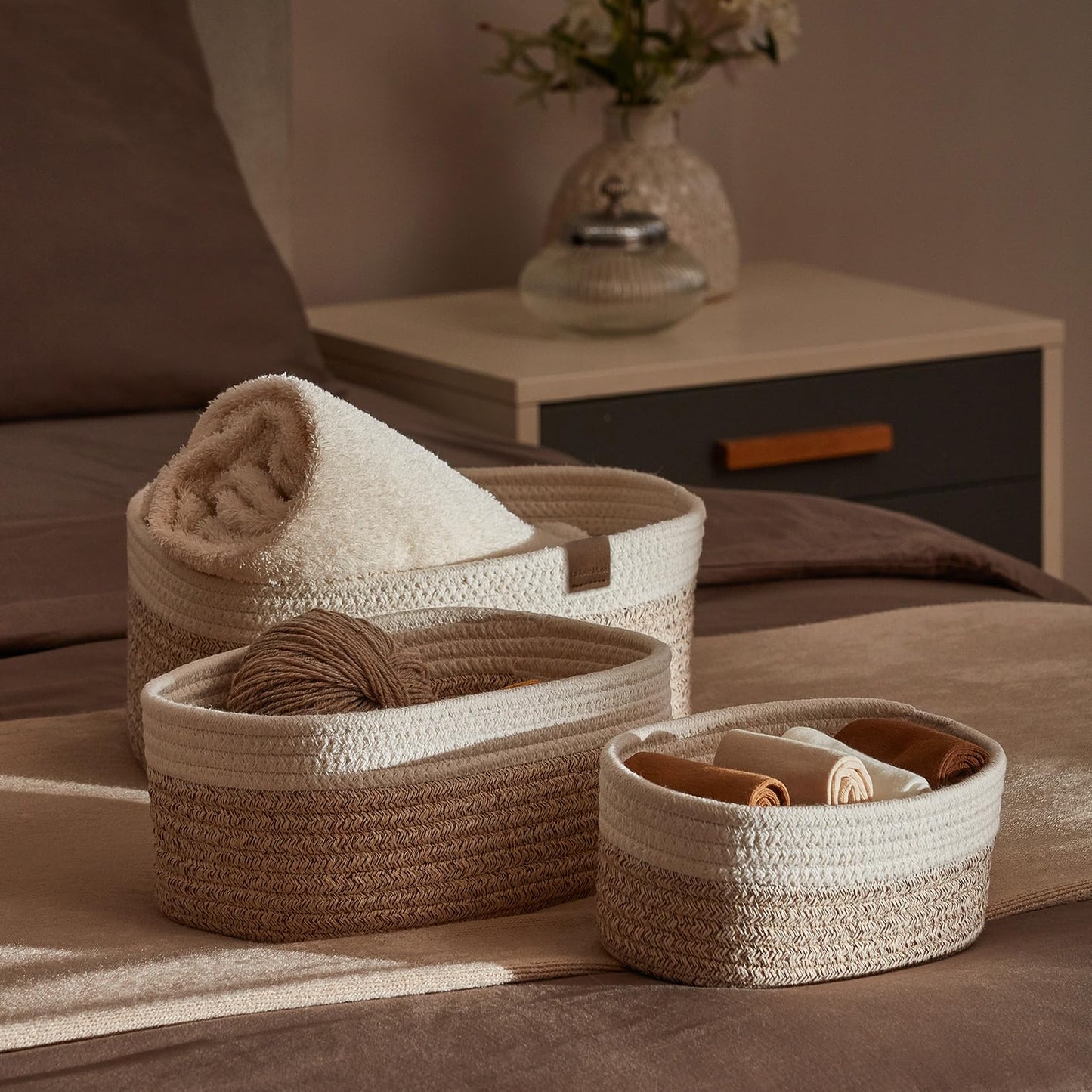 LA JOLIE MUSE Storage Baskets, Cotton Rope Woven Bathroom Storage Basket Set of 3, Small Basket Box Organizer Bins With Handles White&desert Pack 3