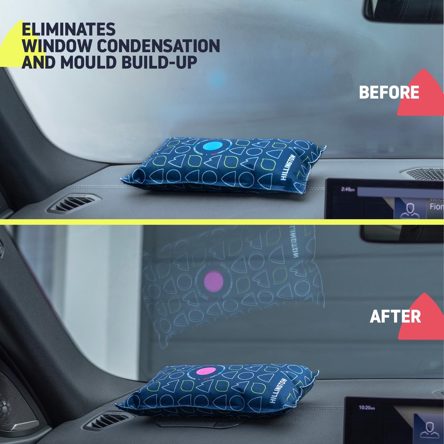 Hillington Reusable Car Interior Dehumidifier Bag and Dashboard Mounting Anti-Slip Mat - Ideal for Use in Vehicles to Prevent Damp, Moisture, and Condensation (2 x 1KG)