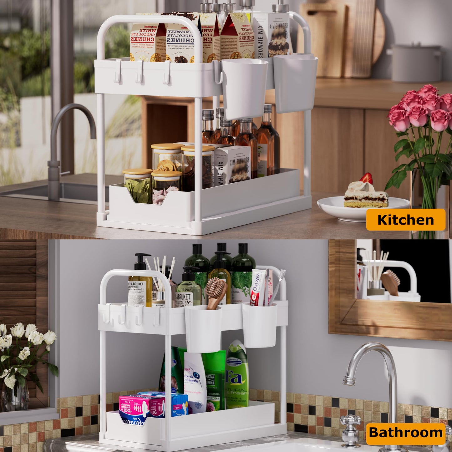 GEMWON Under Sink Storage Kitchen Organiser, 2 Tier Sliding Kitchen Storage Under Sink Shelf, Multi-Purpose Organisation for Kitchen Bathroom, Bottom Slide Out Basket White 2Piece White-2pack