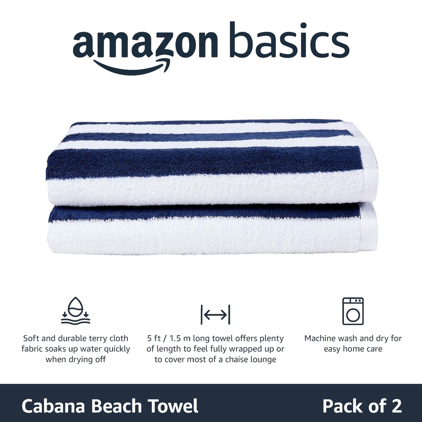 Amazon Basics Cabana Stripe Set of 2 Beach Towels, Navy Blue, 60" L x 30" W