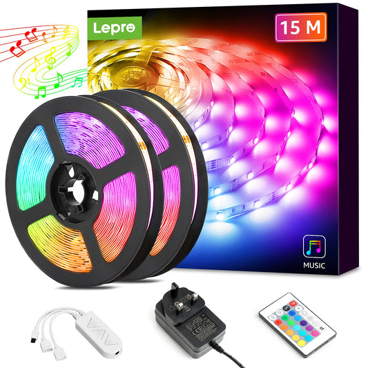 Lepro LED Strip Lights Music Sync 15M (2x7.5M), 5050 RGB Colour Changing LED Strip with Remote and Plug, Dimmable Stick on LED Lights for Bedroom, Kitchen, Party, Teen Girl Kids Room Decor