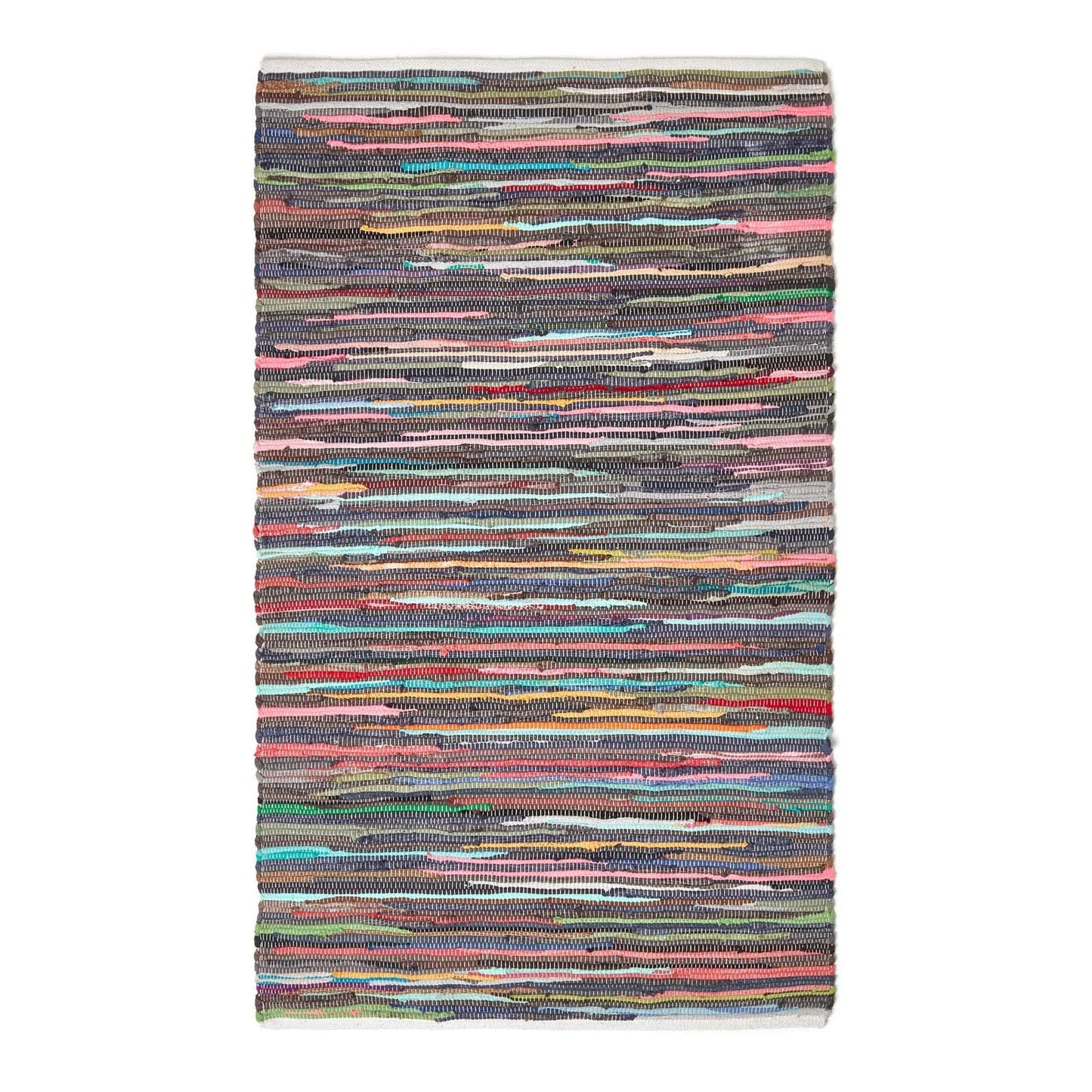 HOMESCAPES - 100% Recycled Cotton Chindi Rug - 120 x 180 cm - 4 ft x 6 ft - Multi Coloured Stripes on White Base